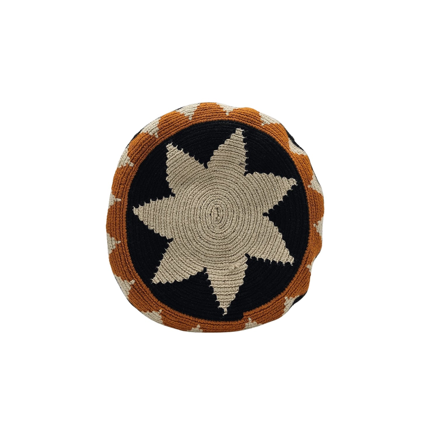 A handmade Wayuu Mochila bag from Colombia, featuring a striking geometric design and a drawstring closure with tassels.