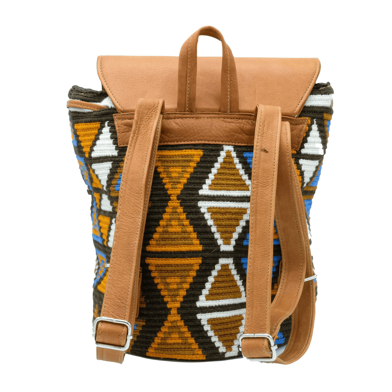 Palomino leather backpack for women, crafted in exquisite tan genuine leather and adorned with a stunning Wayuu design in a harmonious mix of earthy colors and vibrant cobalt blue. A beautiful representation of Wayuu art and the artistic craftsmanship of Colombian artisans.