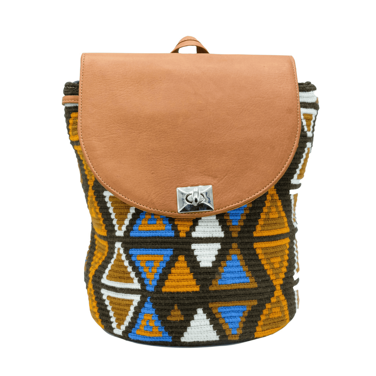 Palomino leather backpack for women, crafted in exquisite tan genuine leather and adorned with a stunning Wayuu design in a harmonious mix of earthy colors and vibrant cobalt blue. A beautiful representation of Wayuu art and the artistic craftsmanship of Colombian artisans.