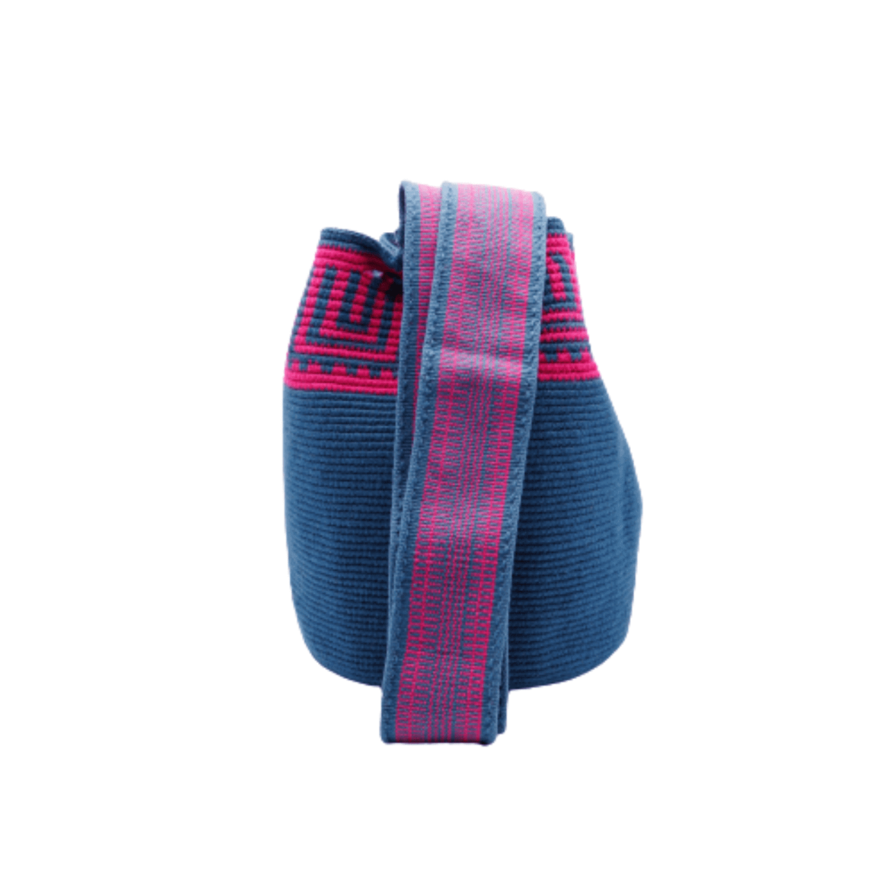 Pao Wayuu bag in solid cobalt blue with captivating magenta design on top, creating a beautiful and uniquely crafted accessory.
