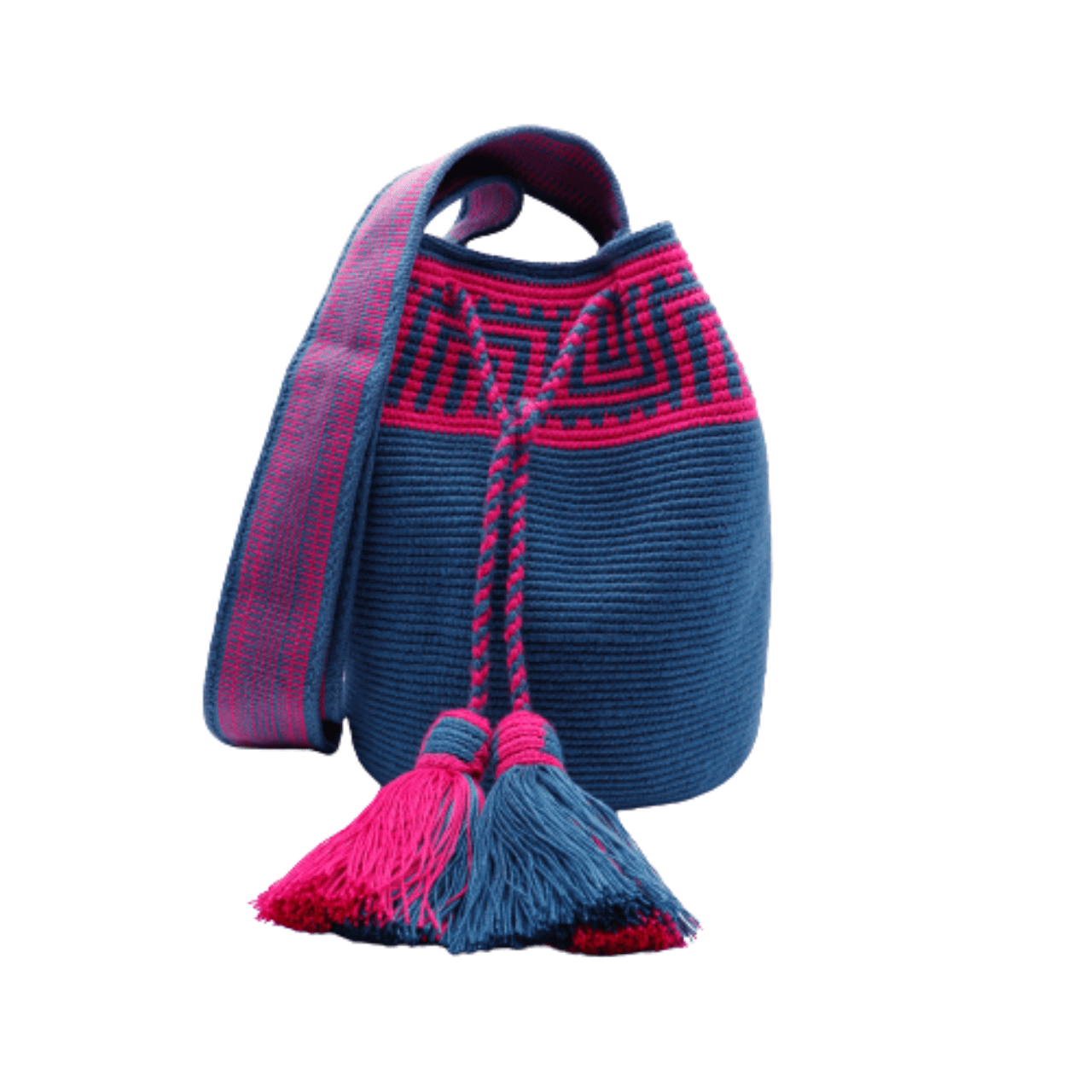 Pao Wayuu bag in solid cobalt blue with captivating magenta design on top, creating a beautiful and uniquely crafted accessory.