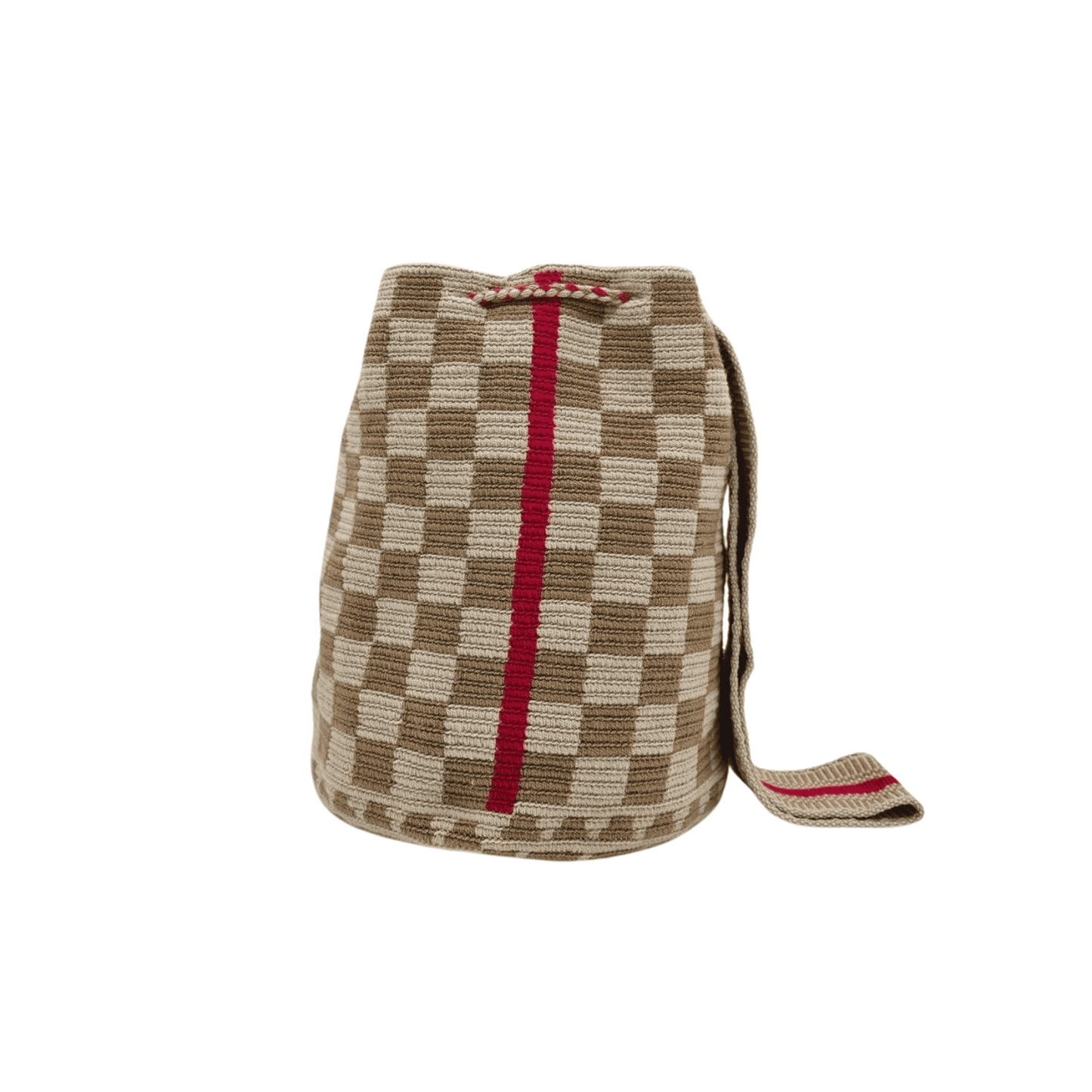 Handcrafted Wayuu mochila bag with vibrant colors and intricate design, showcasing the artistry and cultural heritage of the Wayuu community in Colombia.