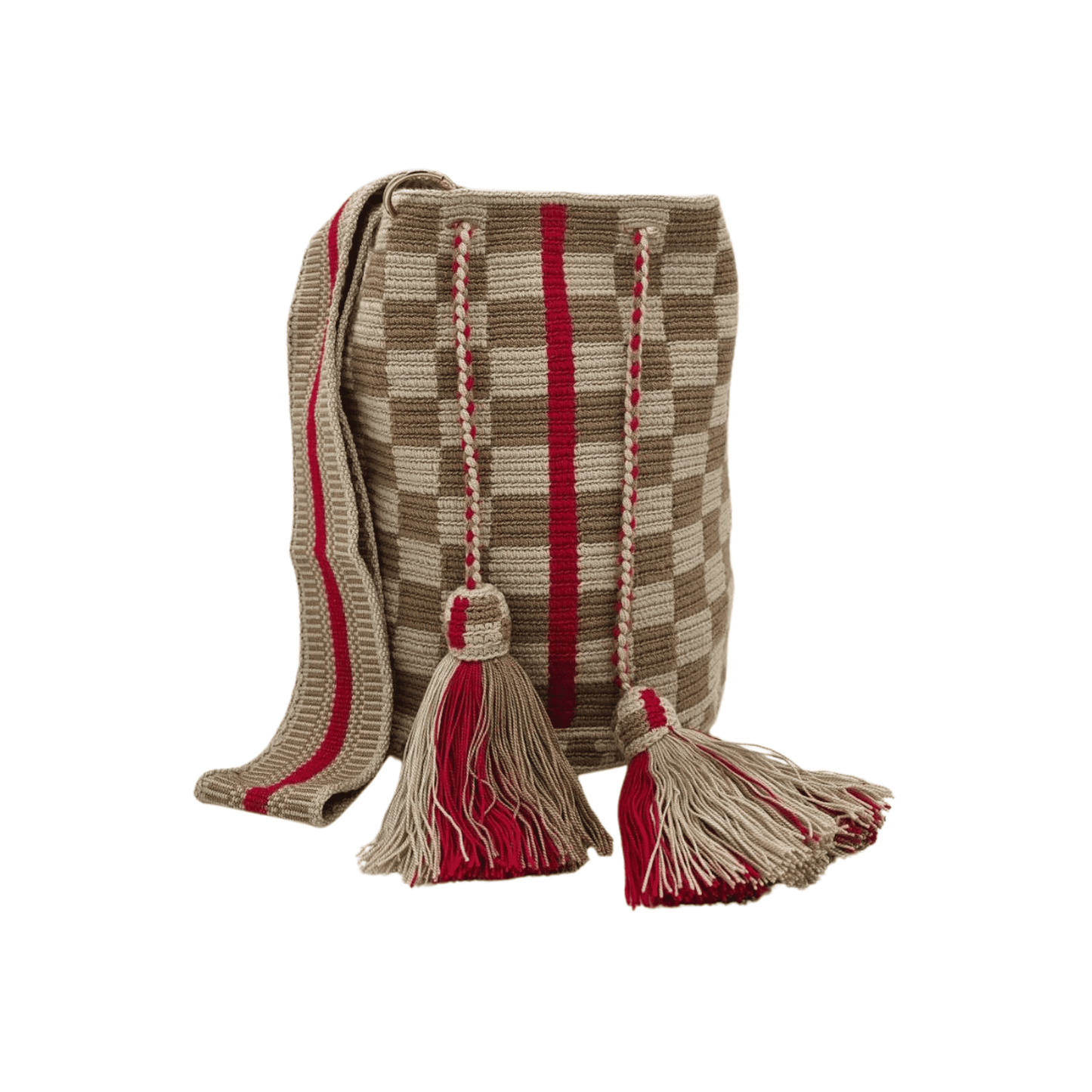 Handcrafted Wayuu mochila bag with vibrant colors and intricate design, showcasing the artistry and cultural heritage of the Wayuu community in Colombia.