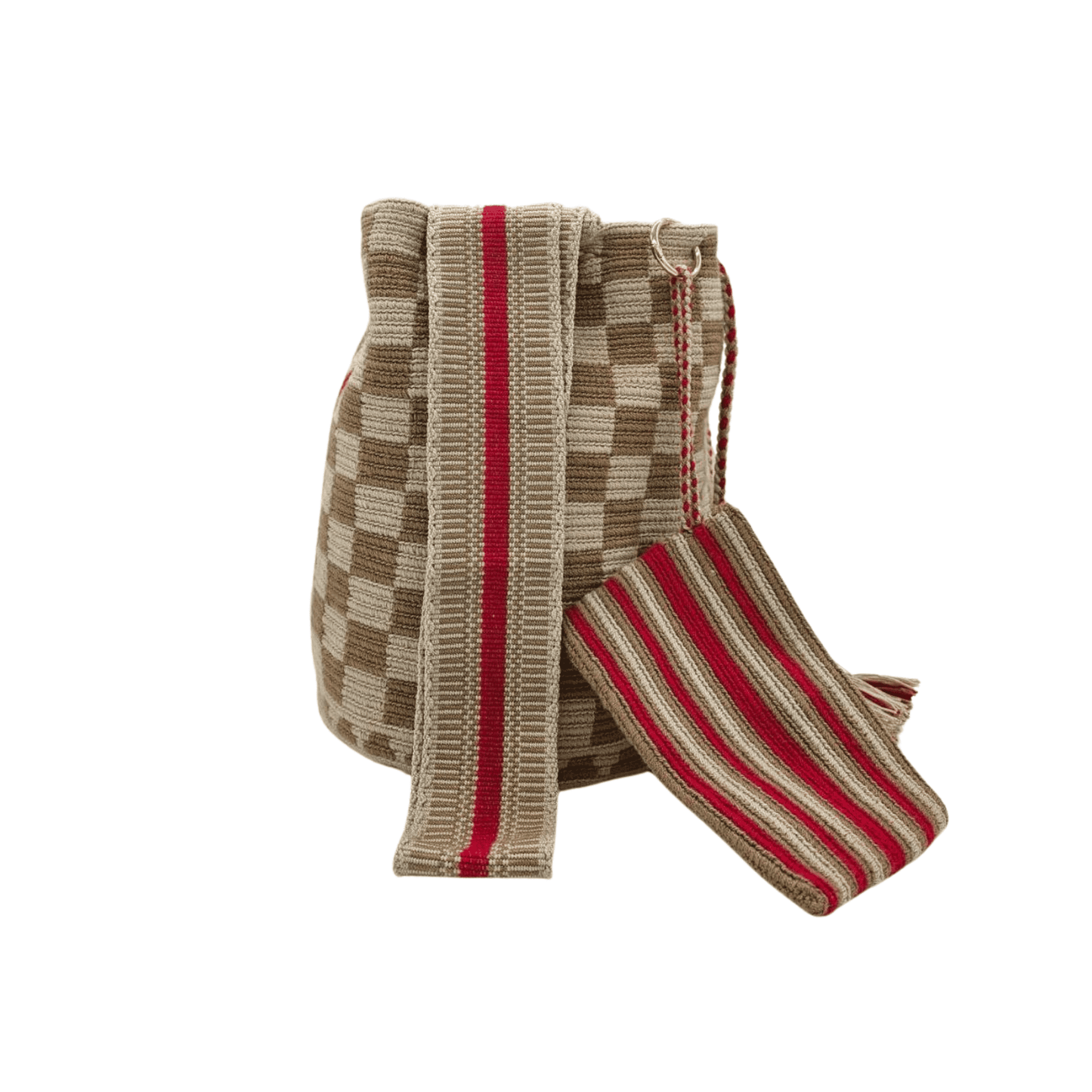 Handcrafted Wayuu mochila bag with vibrant colors and intricate design, showcasing the artistry and cultural heritage of the Wayuu community in Colombia.