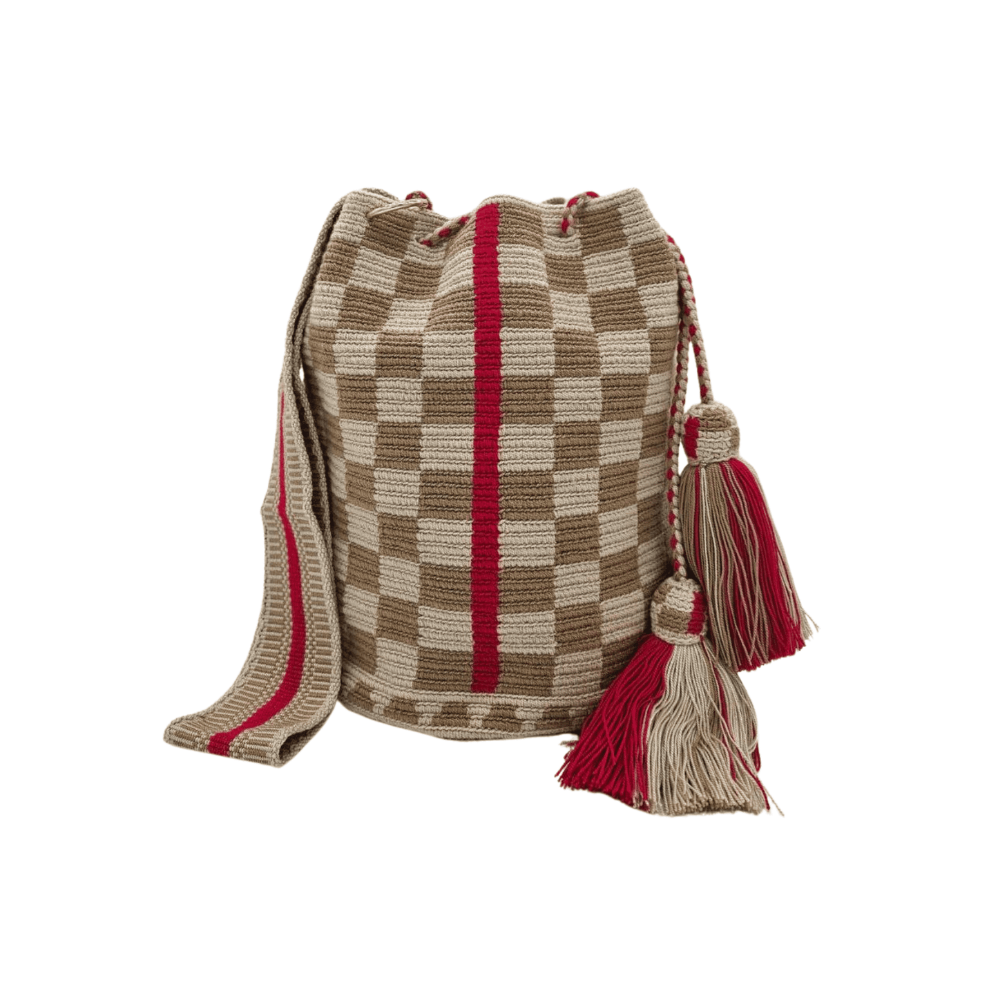 Handcrafted Wayuu mochila bag with vibrant colors and intricate design, showcasing the artistry and cultural heritage of the Wayuu community in Colombia.