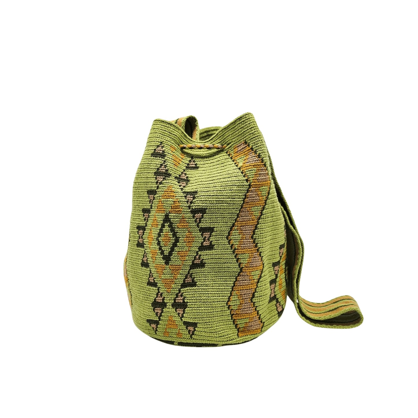 Colorful Wayuu bag with a geometric design in green and brown shades.