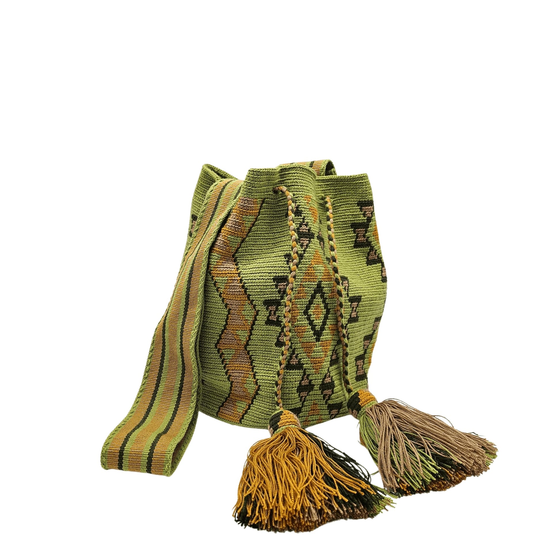 Colorful Wayuu bag with a geometric design in green and brown shades.
