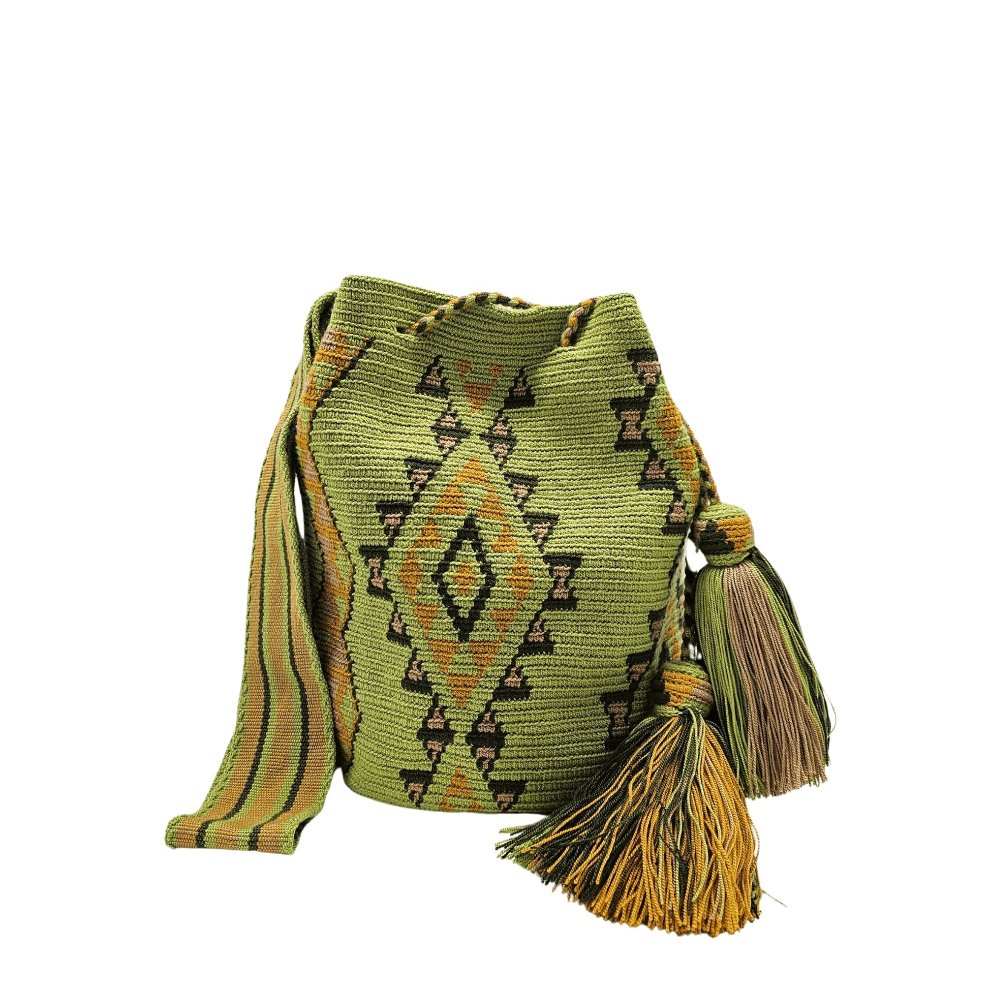 Colorful Wayuu bag with a geometric design in green and brown shades.