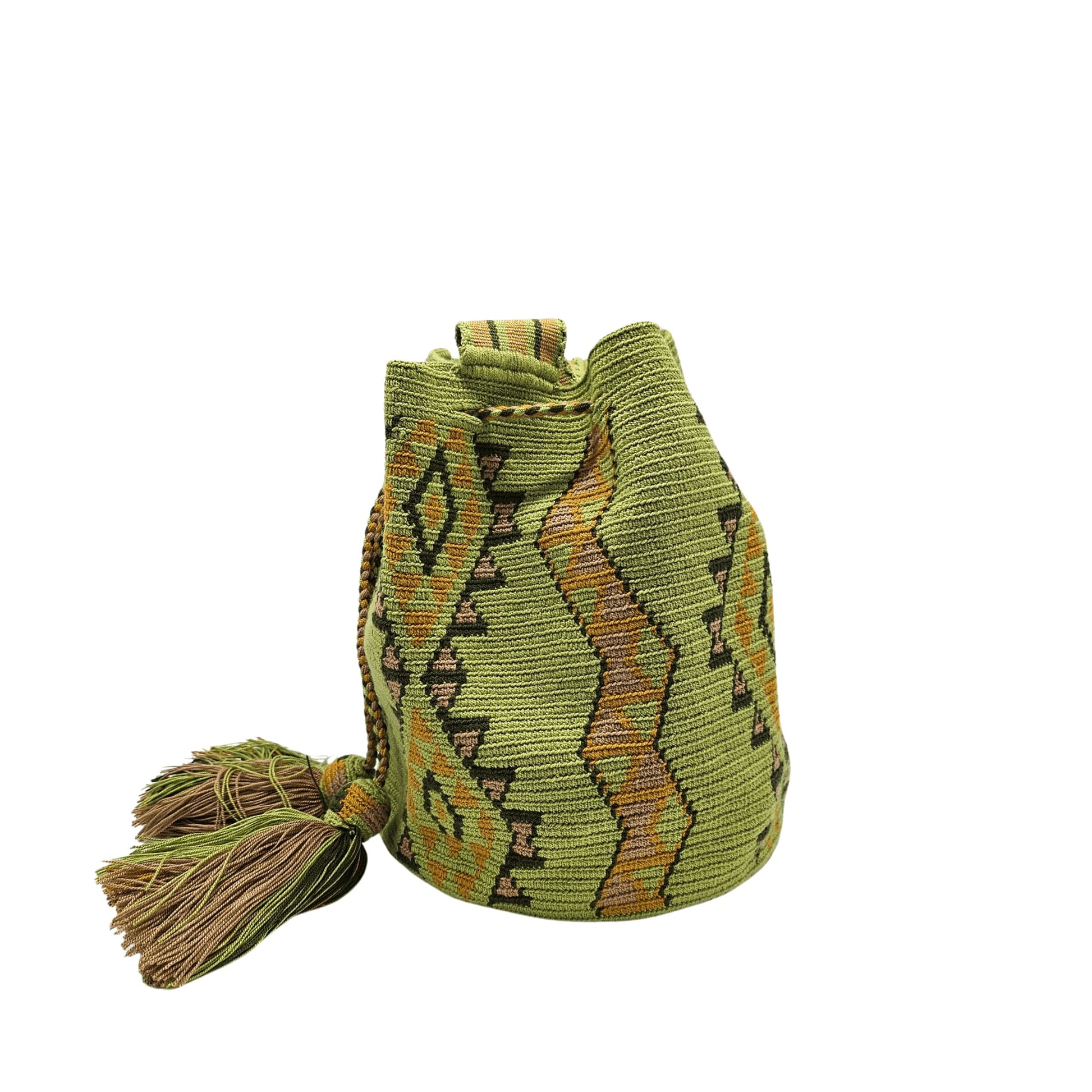 Colorful Wayuu bag with a geometric design in green and brown shades.
