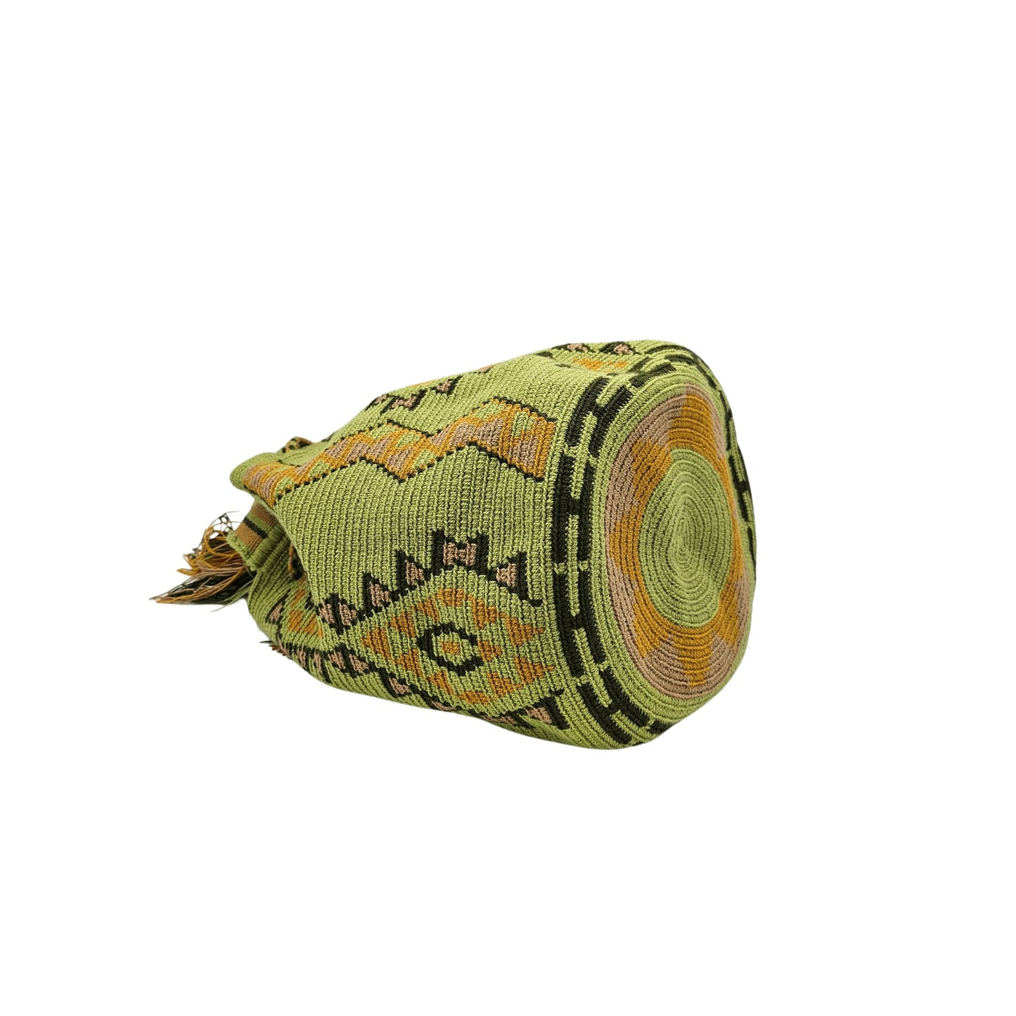 Colorful Wayuu bag with a geometric design in green and brown shades.
