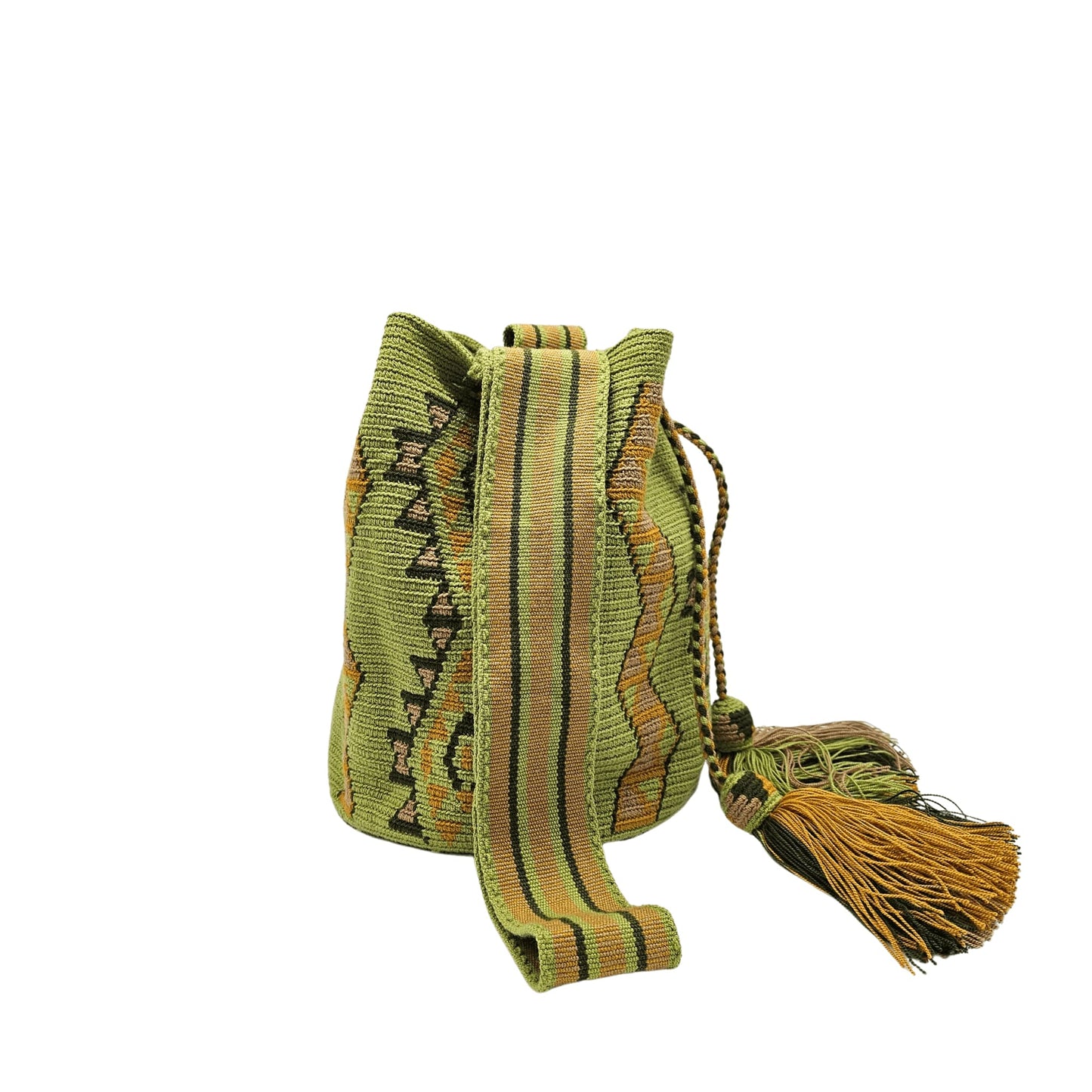 Colorful Wayuu bag with a geometric design in green and brown shades.