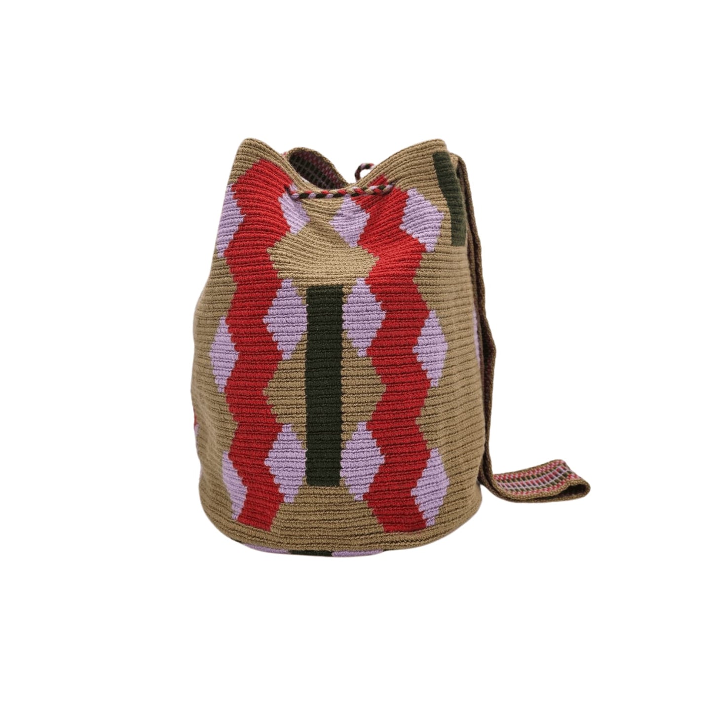 Handmade Wayuu bag with intricate patterns, crafted by Colombian artisans, featuring vibrant colors and authentic cultural designs.