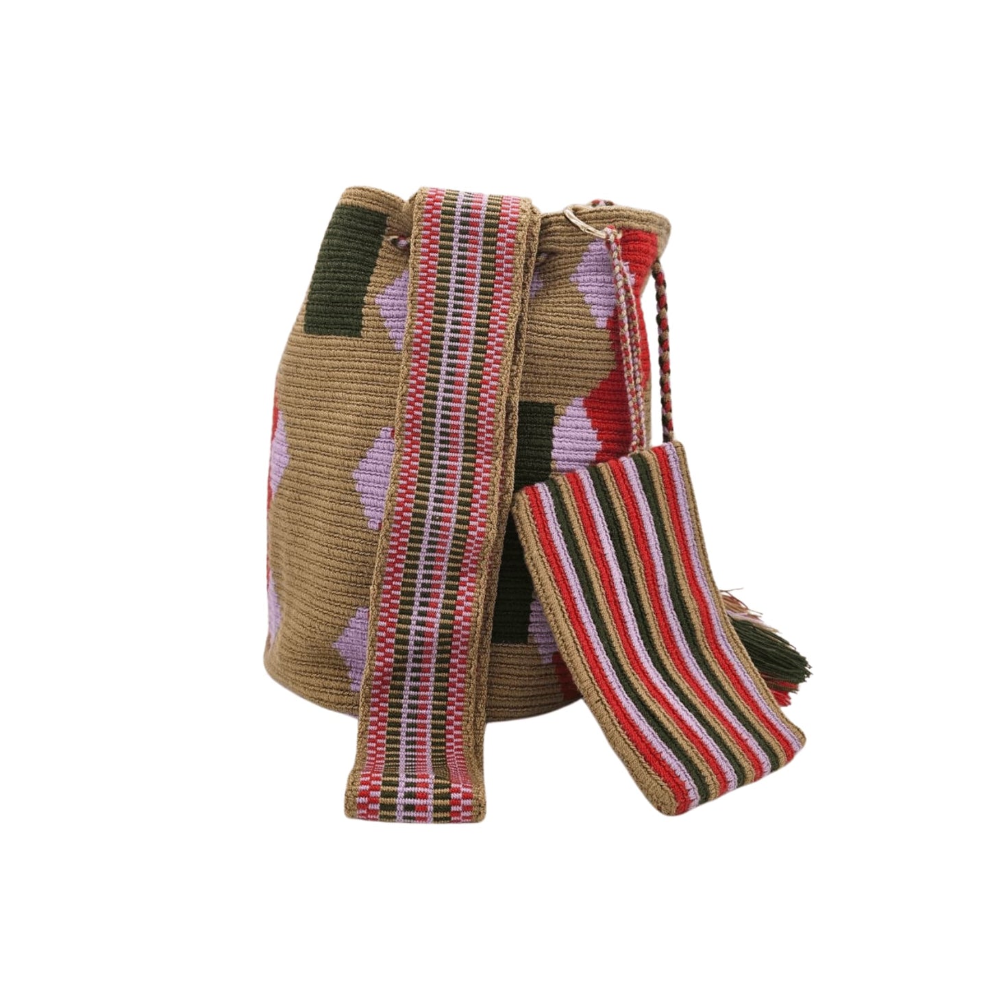 Handmade Wayuu bag with intricate patterns, crafted by Colombian artisans, featuring vibrant colors and authentic cultural designs.