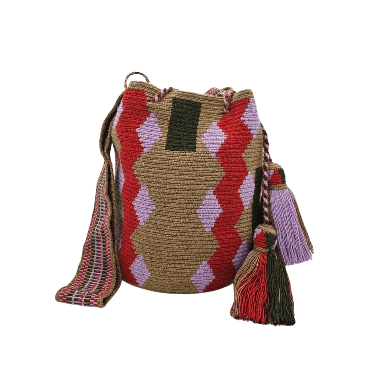 Handmade Wayuu bag with intricate patterns, crafted by Colombian artisans, featuring vibrant colors and authentic cultural designs.