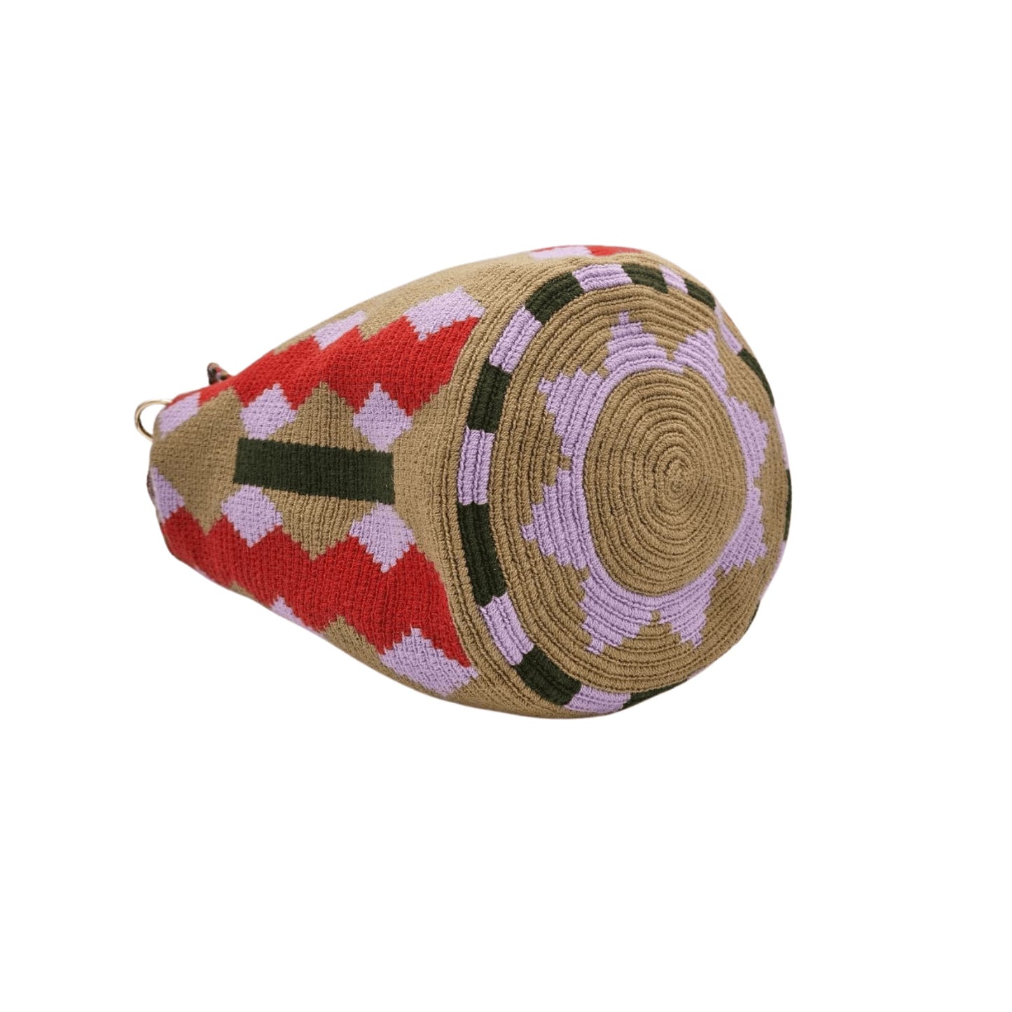 Handmade Wayuu bag with intricate patterns, crafted by Colombian artisans, featuring vibrant colors and authentic cultural designs.
