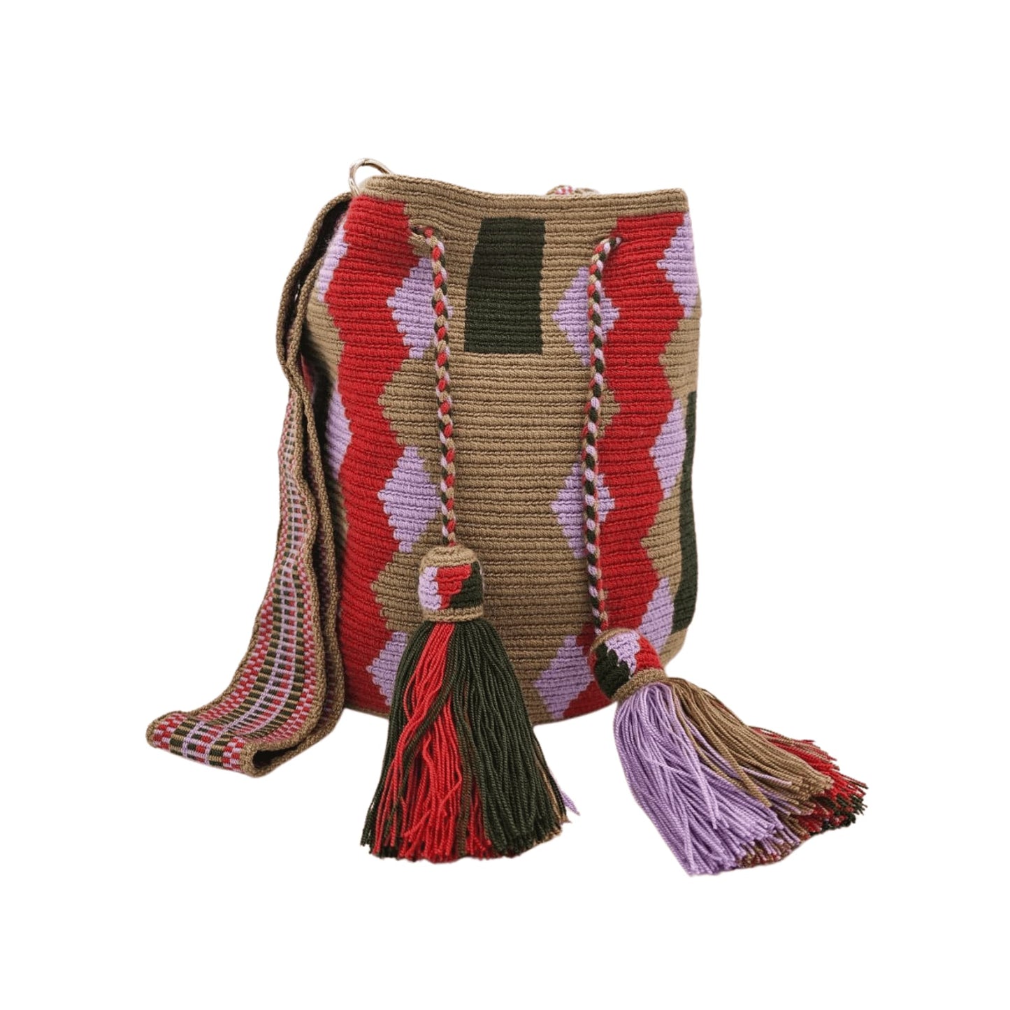 Handmade Wayuu bag with intricate patterns, crafted by Colombian artisans, featuring vibrant colors and authentic cultural designs.