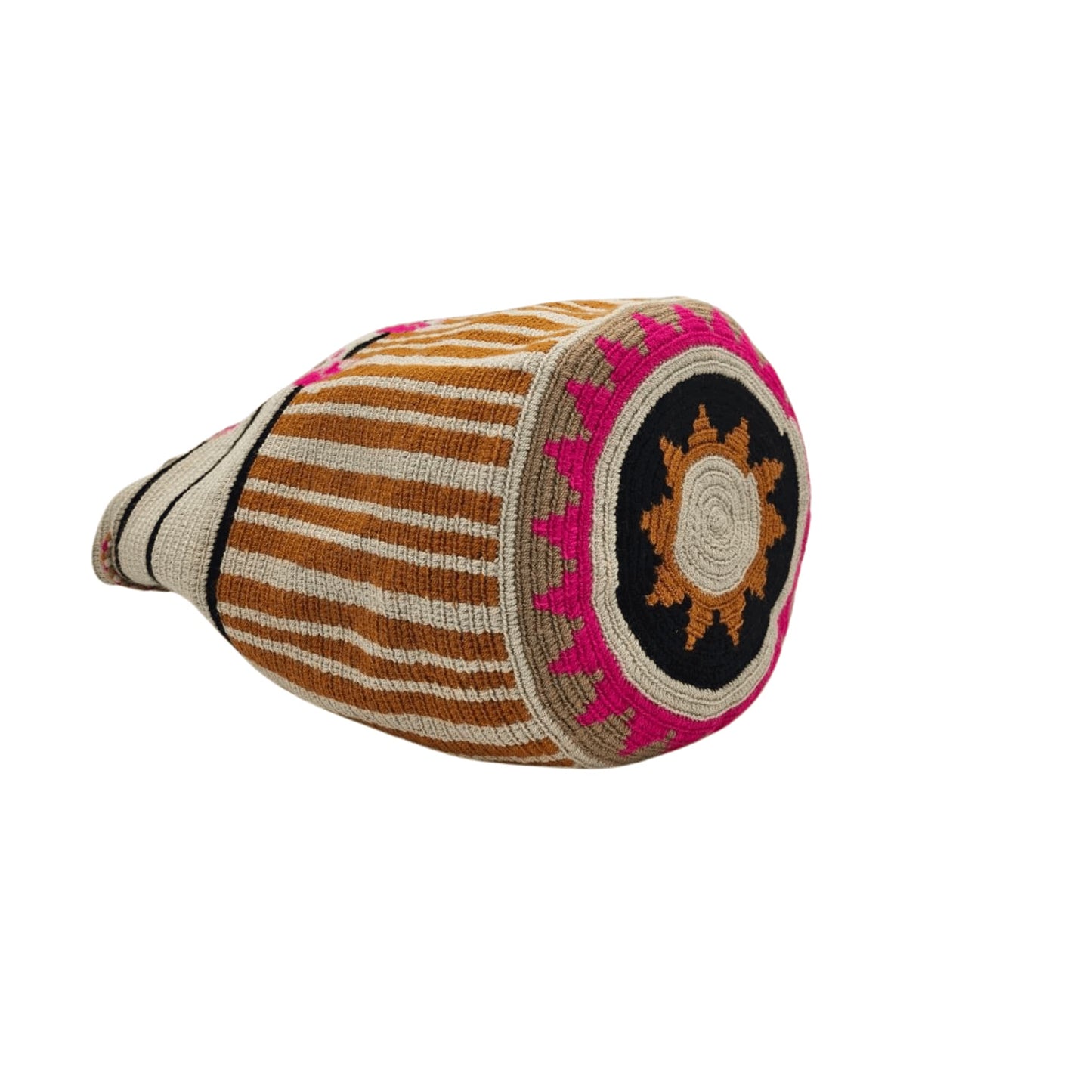 Handmade Wayuu mochila bag, featuring vibrant colors and intricate geometric designs, crafted by Colombian artisans. A unique, ethically made fashion accessory.