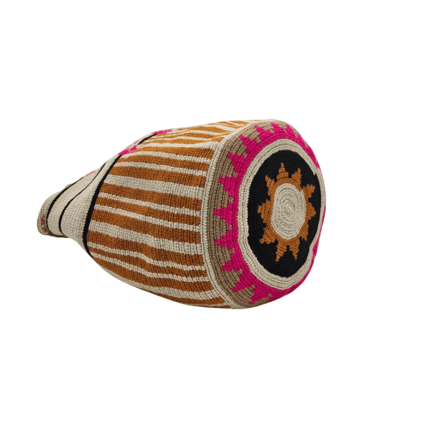 Handmade Wayuu mochila bag, featuring vibrant colors and intricate geometric designs, crafted by Colombian artisans. A unique, ethically made fashion accessory.
