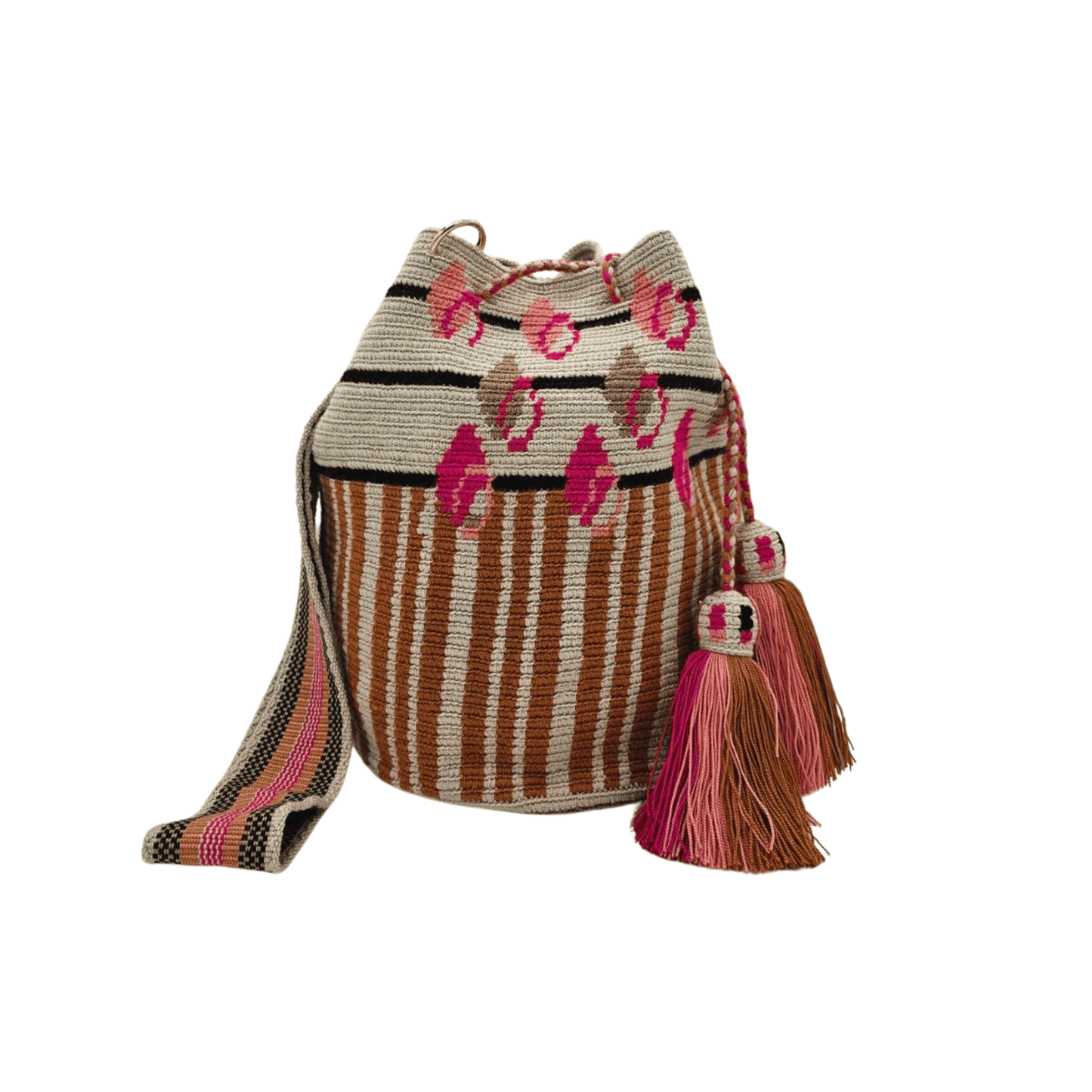 Handmade Wayuu mochila bag, featuring vibrant colors and intricate geometric designs, crafted by Colombian artisans. A unique, ethically made fashion accessory.