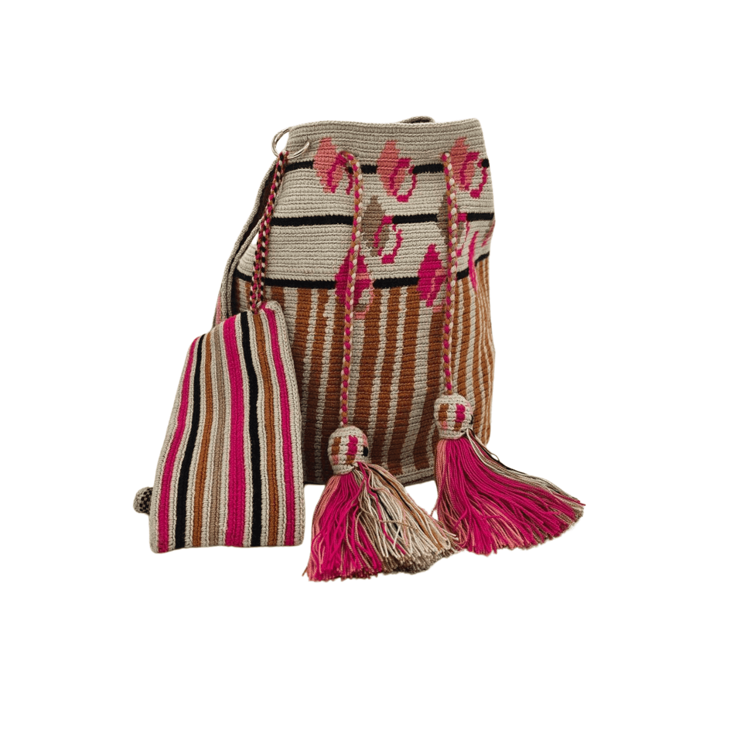 Handmade Wayuu mochila bag, featuring vibrant colors and intricate geometric designs, crafted by Colombian artisans. A unique, ethically made fashion accessory.