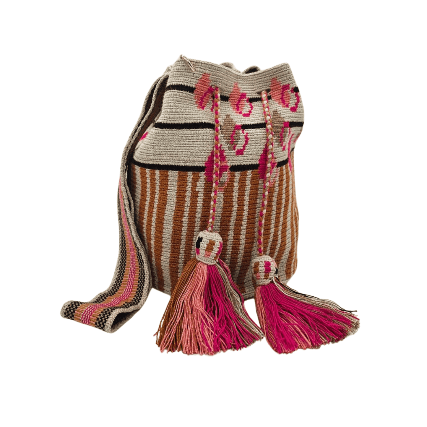 Handmade Wayuu mochila bag, featuring vibrant colors and intricate geometric designs, crafted by Colombian artisans. A unique, ethically made fashion accessory.