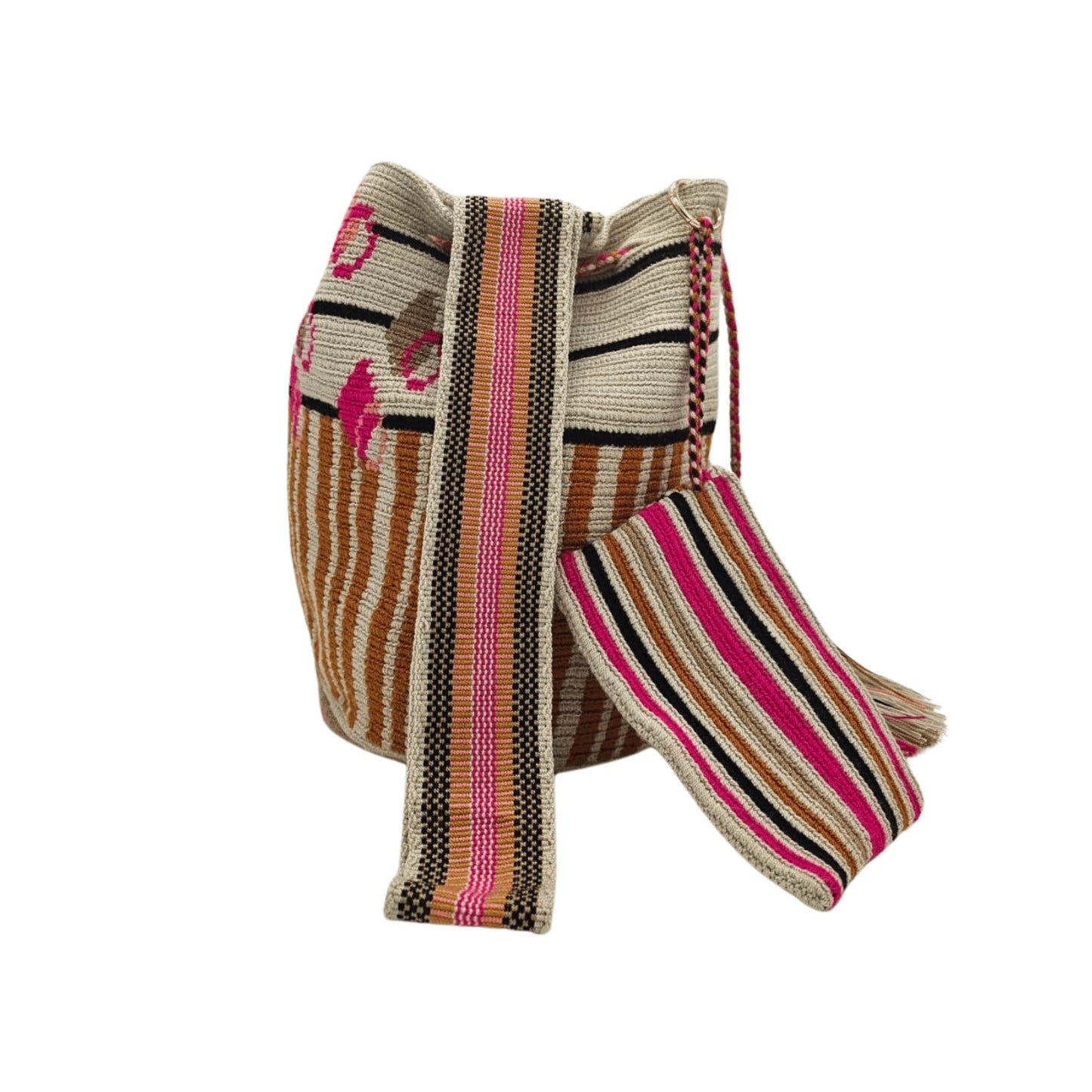 Handmade Wayuu mochila bag, featuring vibrant colors and intricate geometric designs, crafted by Colombian artisans. A unique, ethically made fashion accessory.