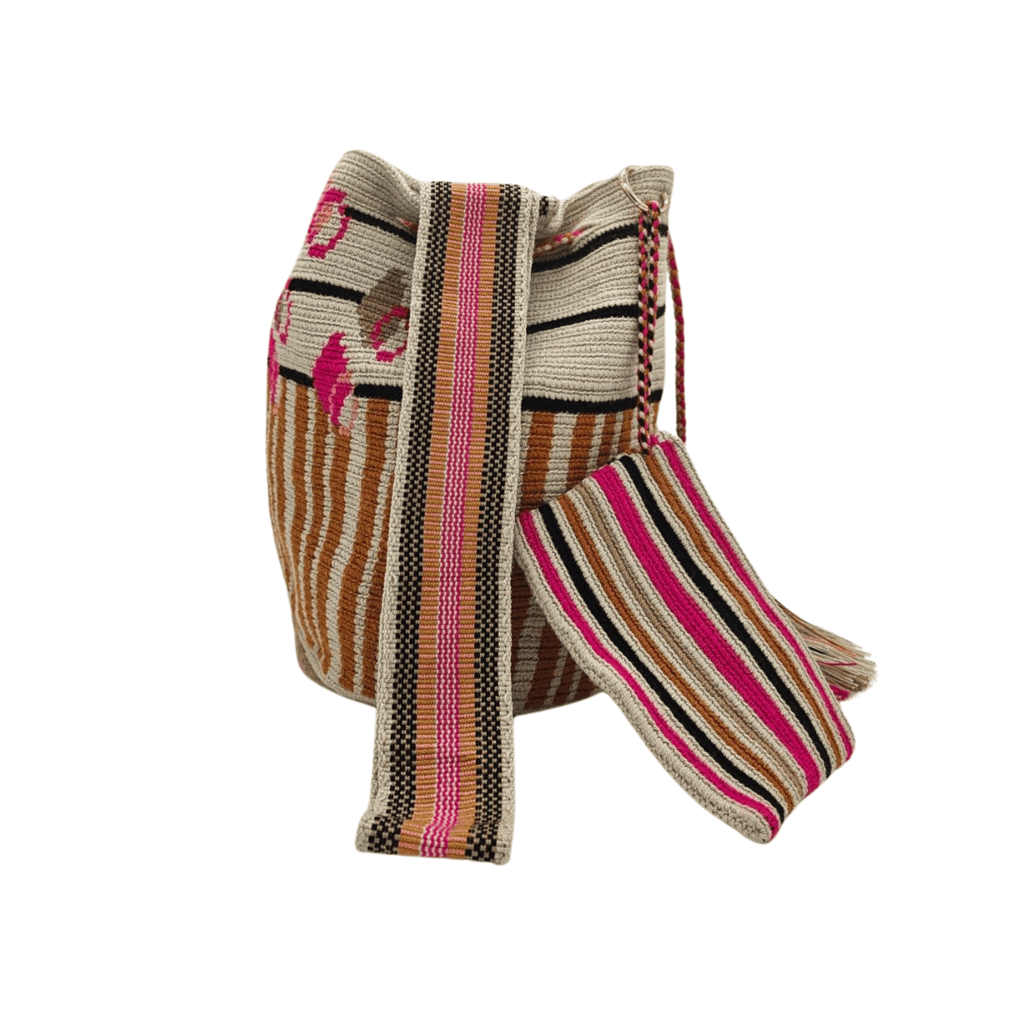 Handmade Wayuu mochila bag, featuring vibrant colors and intricate geometric designs, crafted by Colombian artisans. A unique, ethically made fashion accessory.