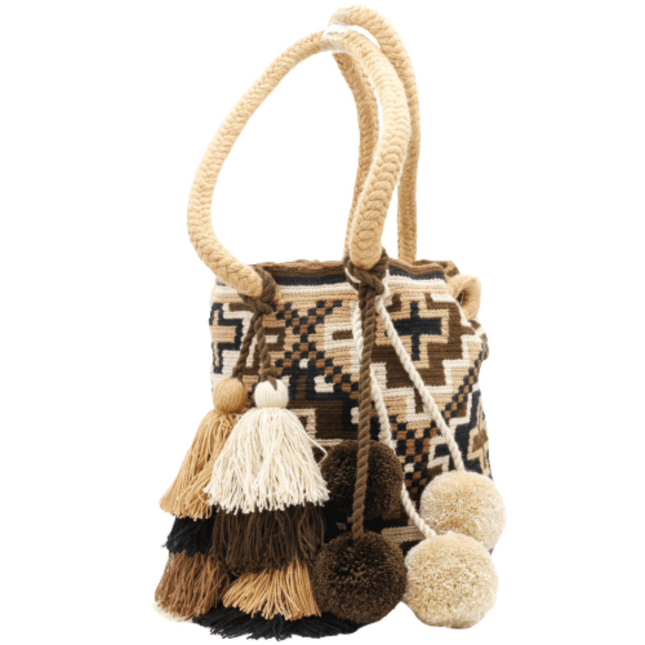 Saskia Crochet Tote Bag - Large Size, Beige and Brown Shades, 2 Braided Handles with Tassels and Pom Poms Decorations.