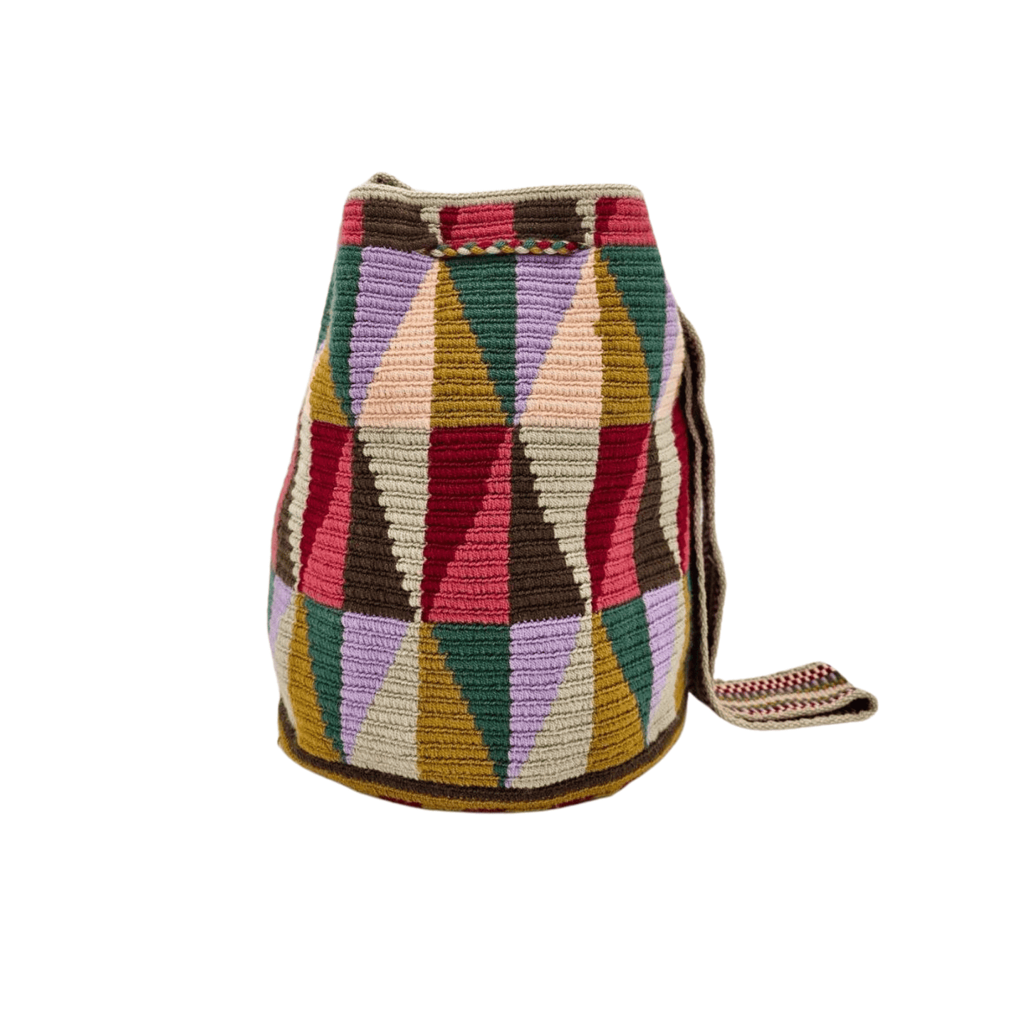 Handmade Wayuu bag with intricate patterns, crafted by Colombian artisans, featuring vibrant colors and authentic cultural designs.