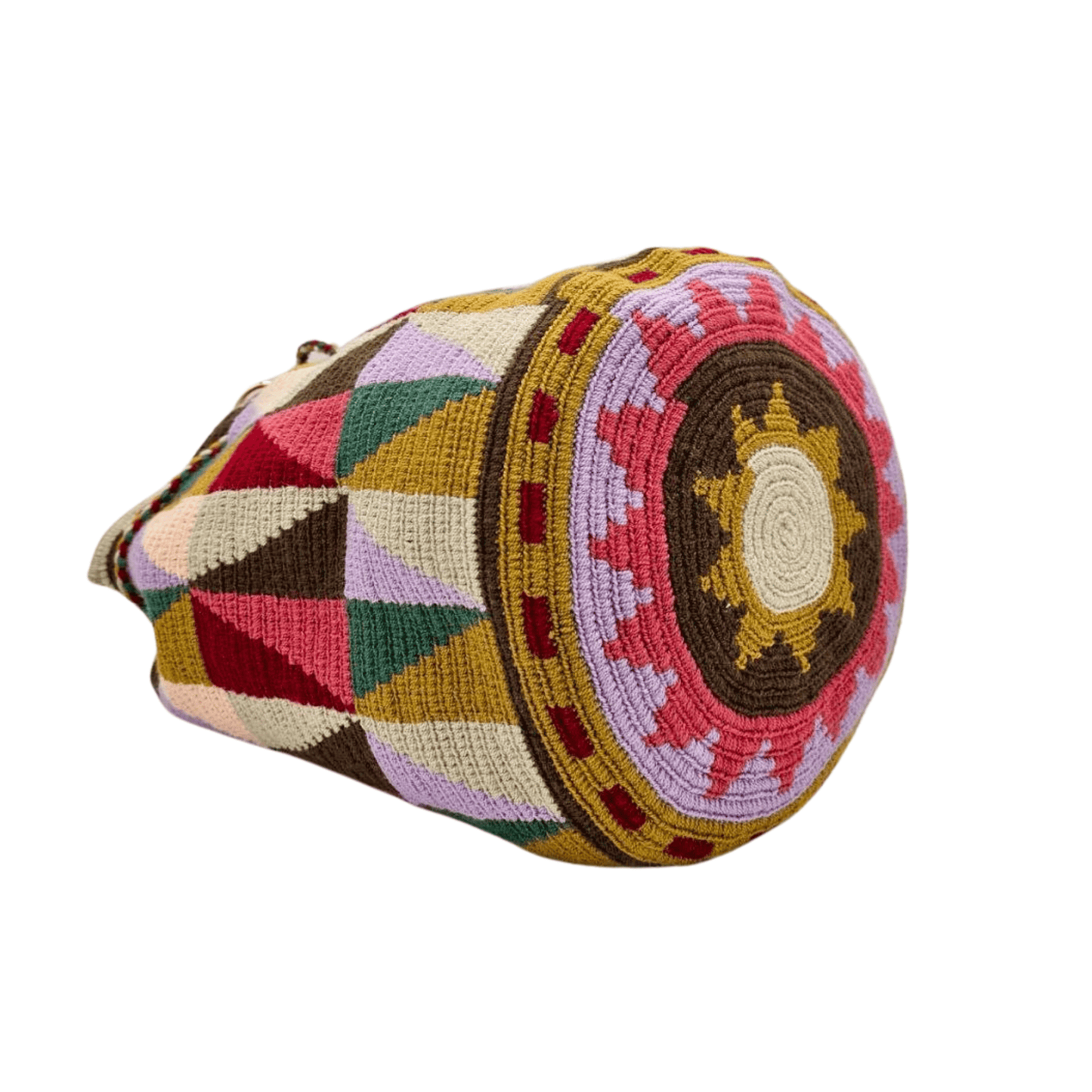 Handmade Wayuu bag with intricate patterns, crafted by Colombian artisans, featuring vibrant colors and authentic cultural designs.