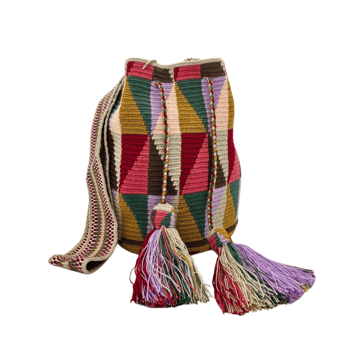 Handmade Wayuu bag with intricate patterns, crafted by Colombian artisans, featuring vibrant colors and authentic cultural designs.