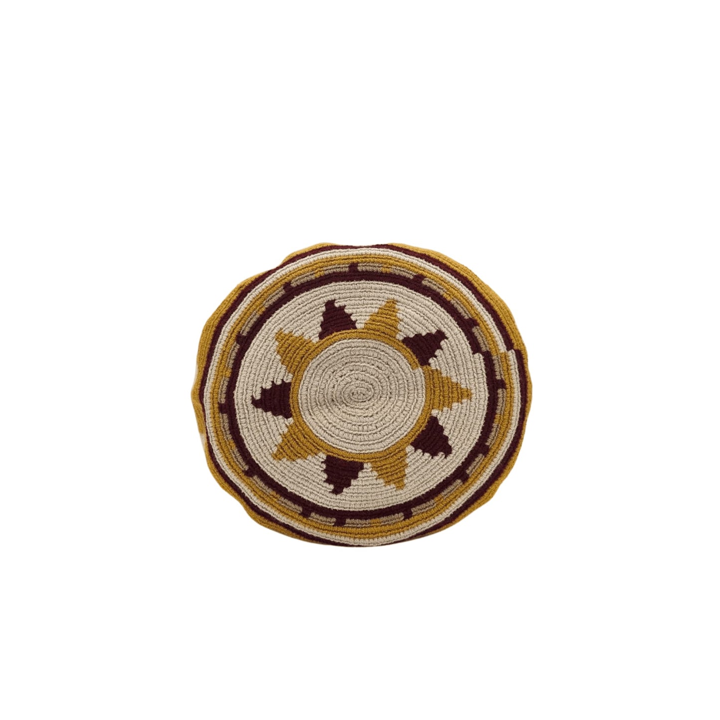 A handmade Wayuu bag in earthy tones of brown, beige, and rust, showcasing intricate weaving patterns and vibrant accents, representing authentic Colombian craftsmanship.