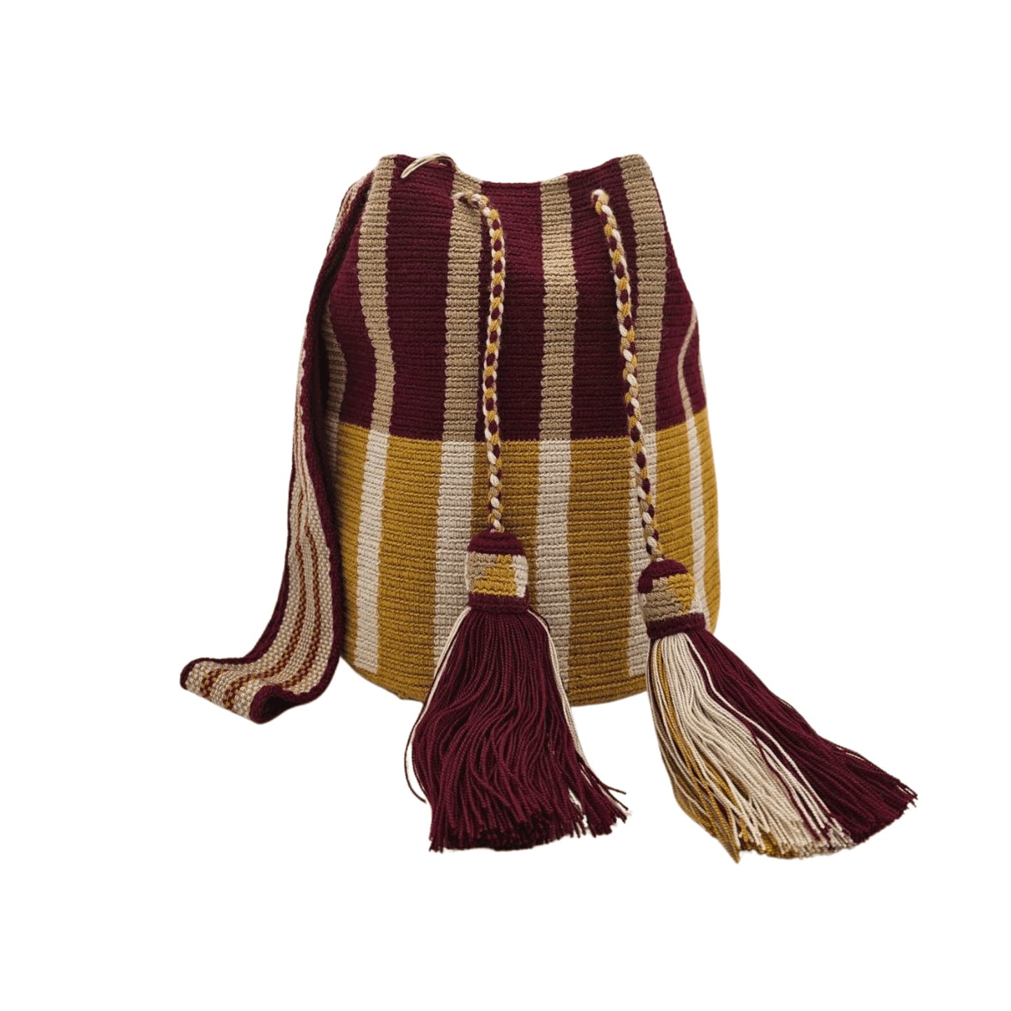 A handmade Wayuu bag in earthy tones of brown, beige, and rust, showcasing intricate weaving patterns and vibrant accents, representing authentic Colombian craftsmanship.