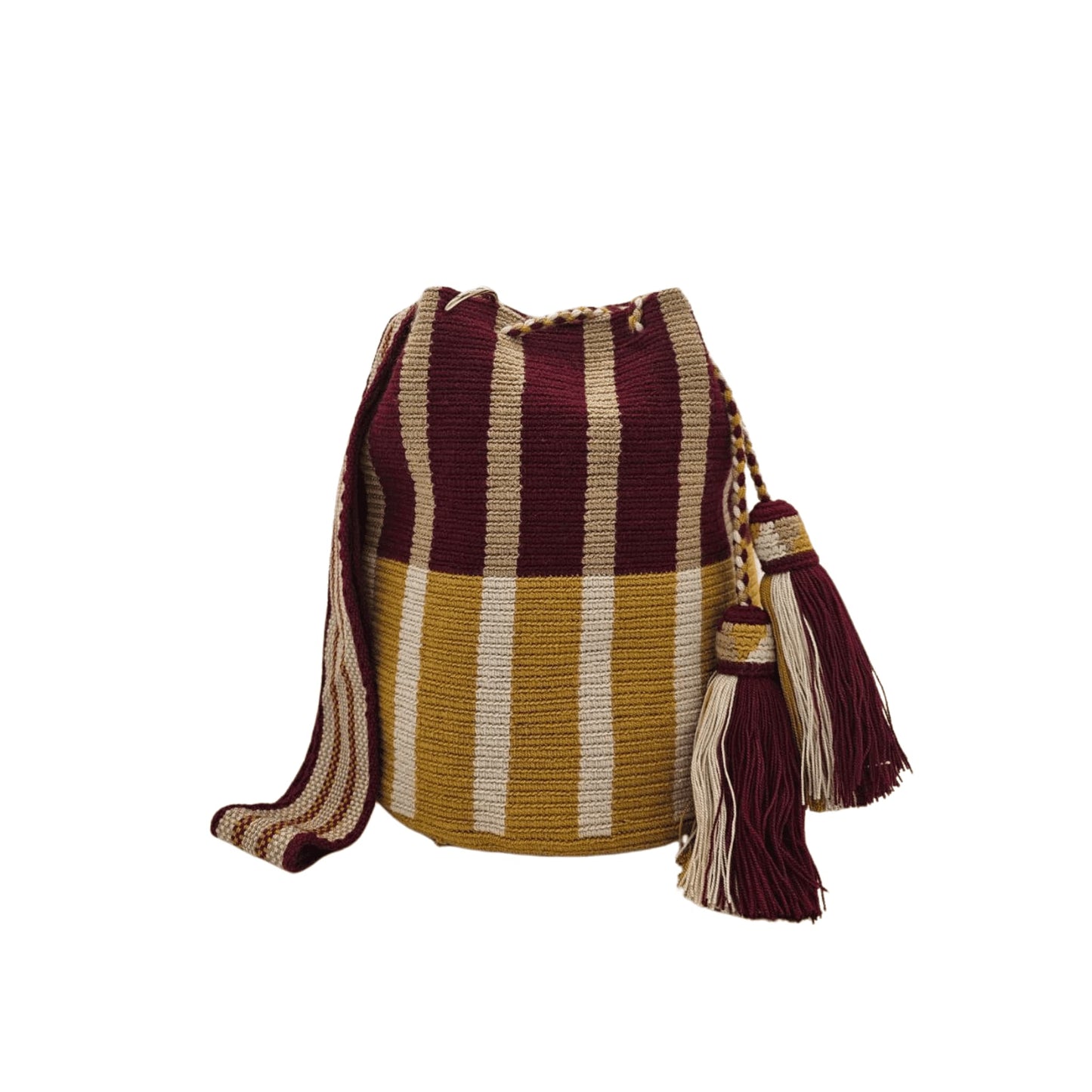 A handmade Wayuu bag in earthy tones of brown, beige, and rust, showcasing intricate weaving patterns and vibrant accents, representing authentic Colombian craftsmanship.