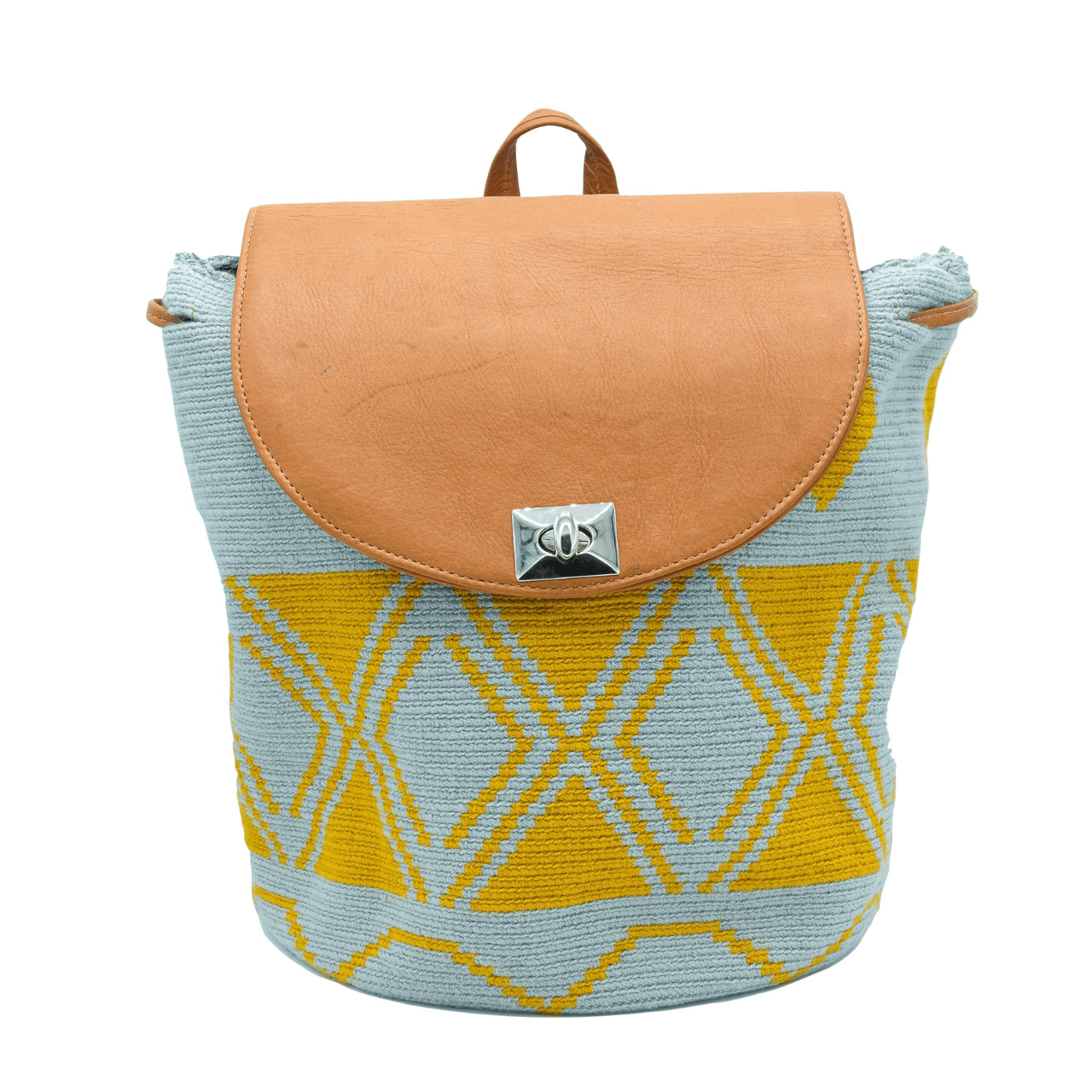 Taganga leather backpack featuring a stunning Wayuu pattern in a captivating blend of blue-gray and ochre colors. The design is accentuated with natural genuine leather, creating a beautiful contrast. This versatile bag is perfect for day outings or short trips, offering a lightweight and comfortable carrying experience.