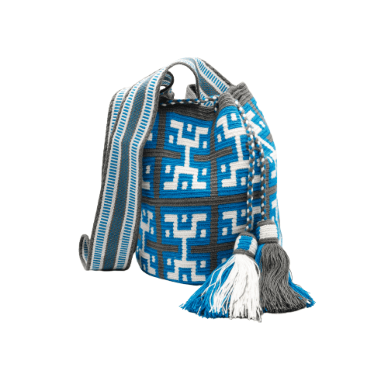 Tania Wayuu bag in rich teal and gray with white accents. The distinctive design sets this Wayuu bag apart as a unique addition to our collection.