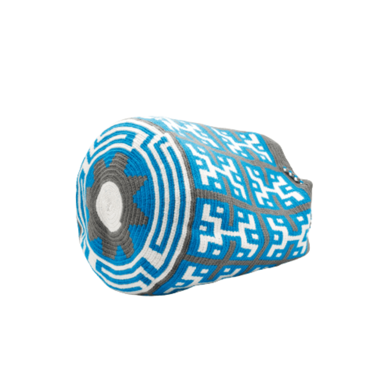 Tania Wayuu bag in rich teal and gray with white accents. The distinctive design sets this Wayuu bag apart as a unique addition to our collection.