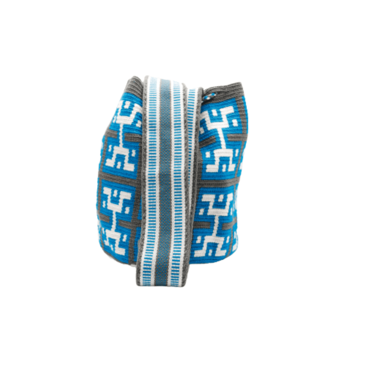 Tania Wayuu bag in rich teal and gray with white accents. The distinctive design sets this Wayuu bag apart as a unique addition to our collection.
