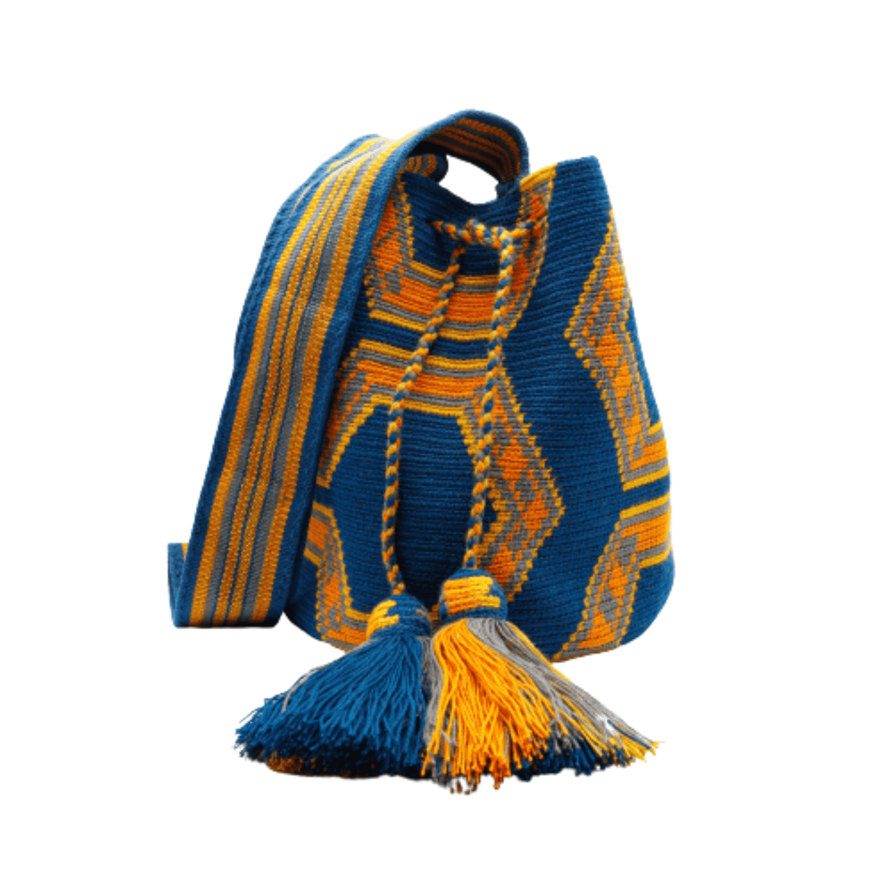 Valeria Wayuu Bag in Blue Ocean with Orange, Gray, and Yellow - Bold and Attractive Design - Handcrafted Beauty and Vibrant Colors