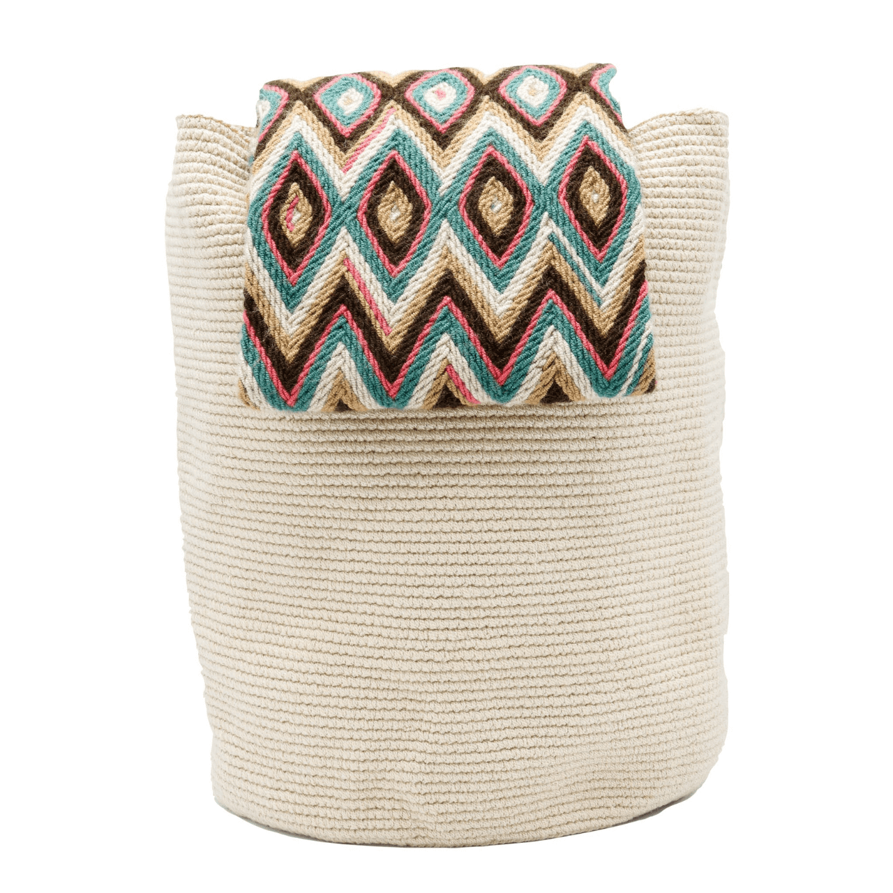 A solid beige Banu Wayuu Colombian Bag with a wide macramé handle adorned with vibrant colors. The bag features a wide short strap, making it a bold statement piece that beautifully complements the bag's body.
