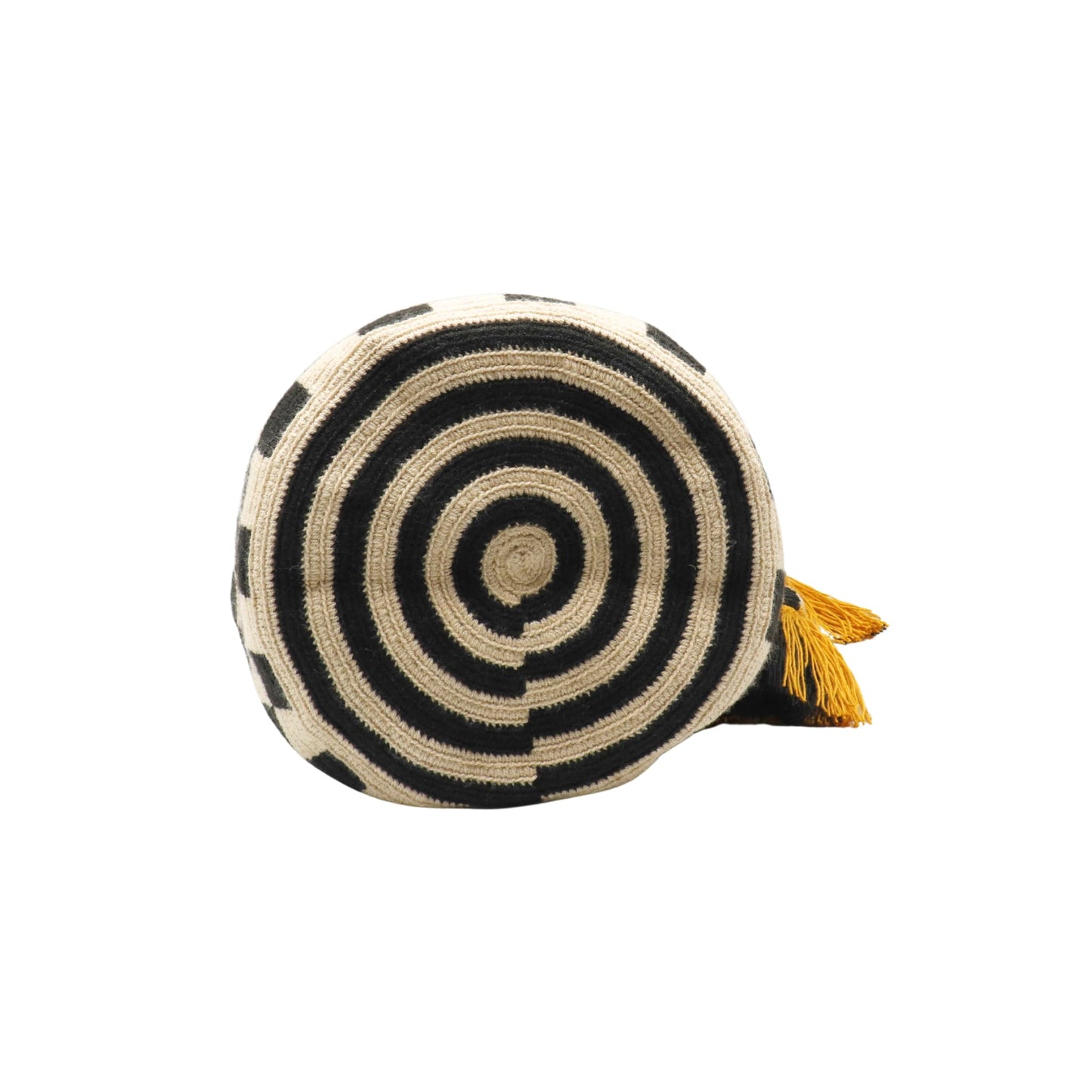 Handmade Wayuu bag with mustard, beige, and black colors, featuring a checkerboard pattern, striped woven strap, and tassel detail.