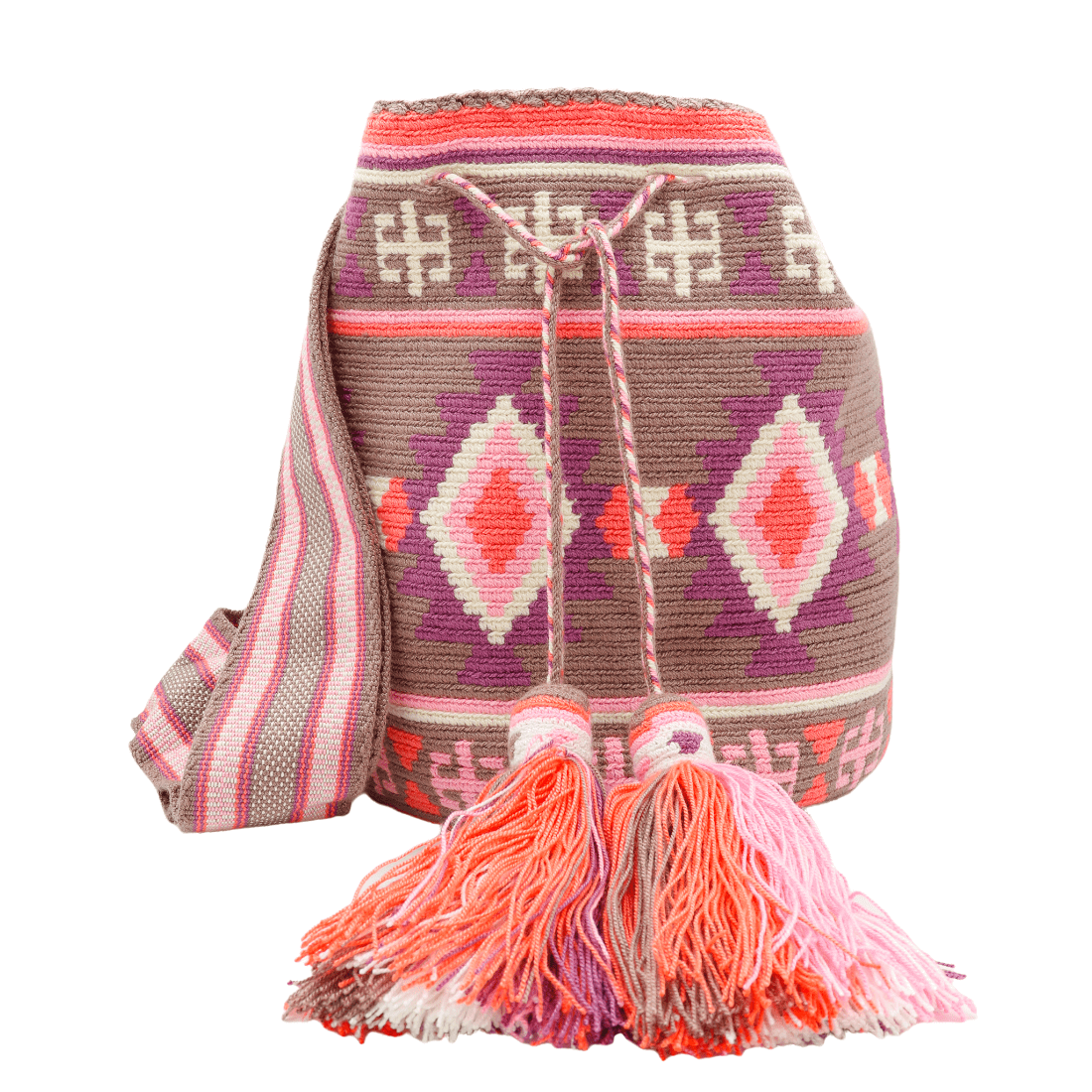 Colorful handmade Wayuu bag from Colombia, featuring intricate patterns and vibrant hues, showcasing traditional craftsmanship.