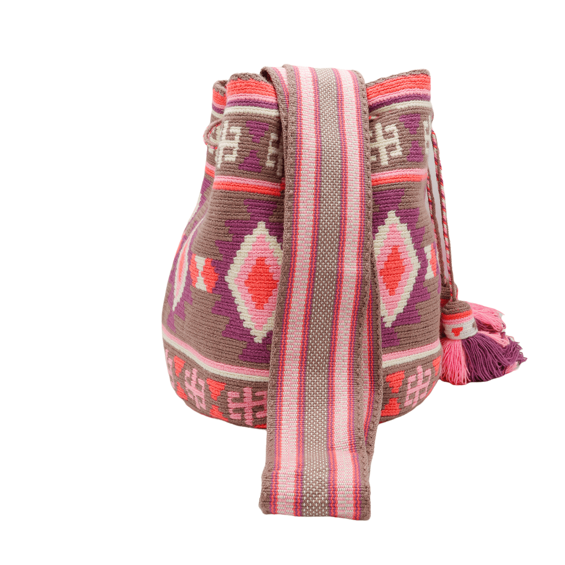 Colorful handmade Wayuu bag from Colombia, featuring intricate patterns and vibrant hues, showcasing traditional craftsmanship.