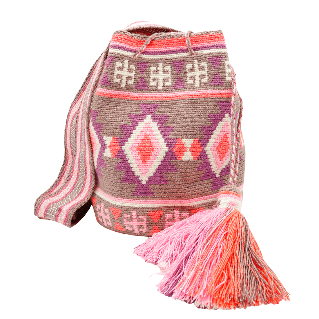 Colorful handmade Wayuu bag from Colombia, featuring intricate patterns and vibrant hues, showcasing traditional craftsmanship.