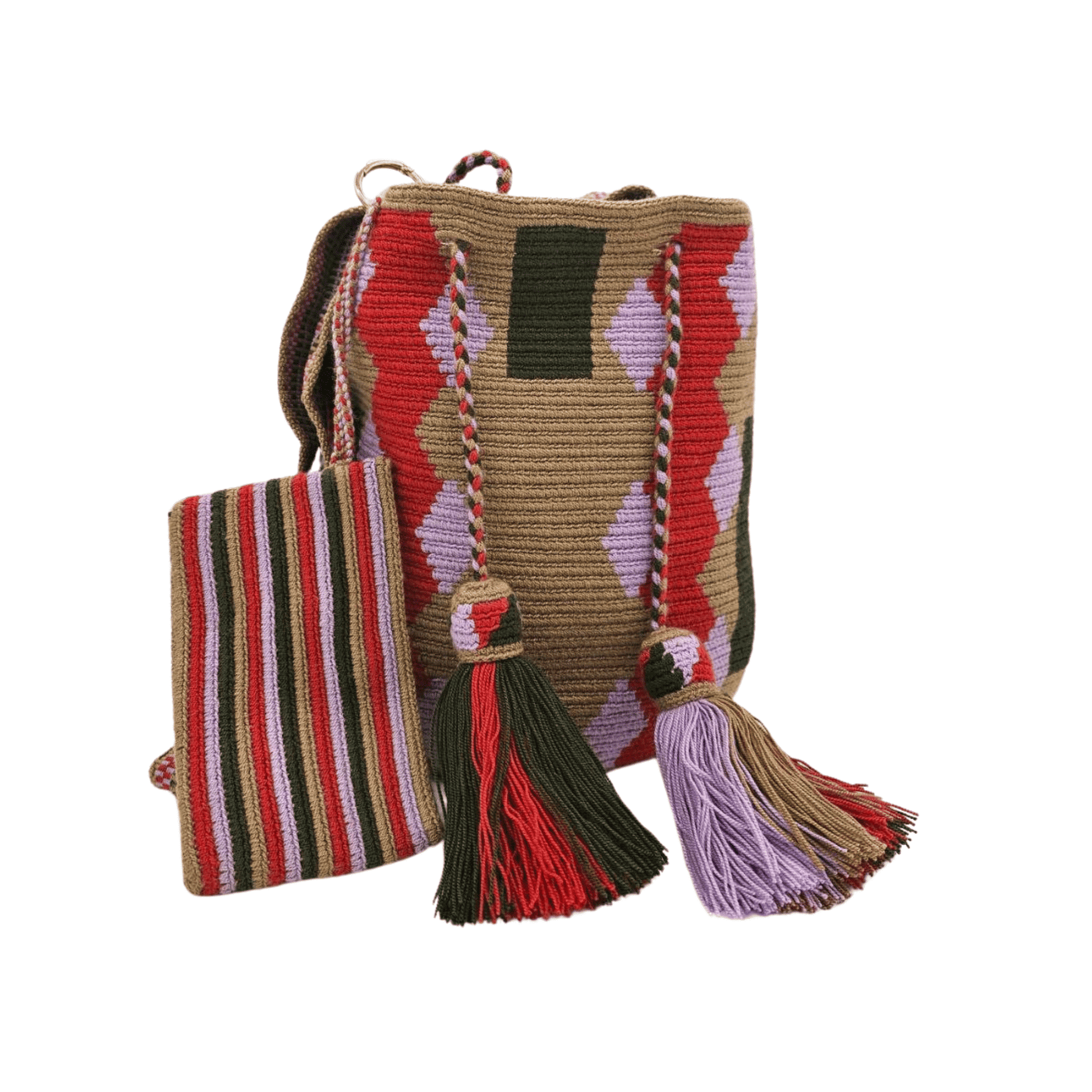 Handmade Wayuu bag with intricate patterns, crafted by Colombian artisans, featuring vibrant colors and authentic cultural designs.