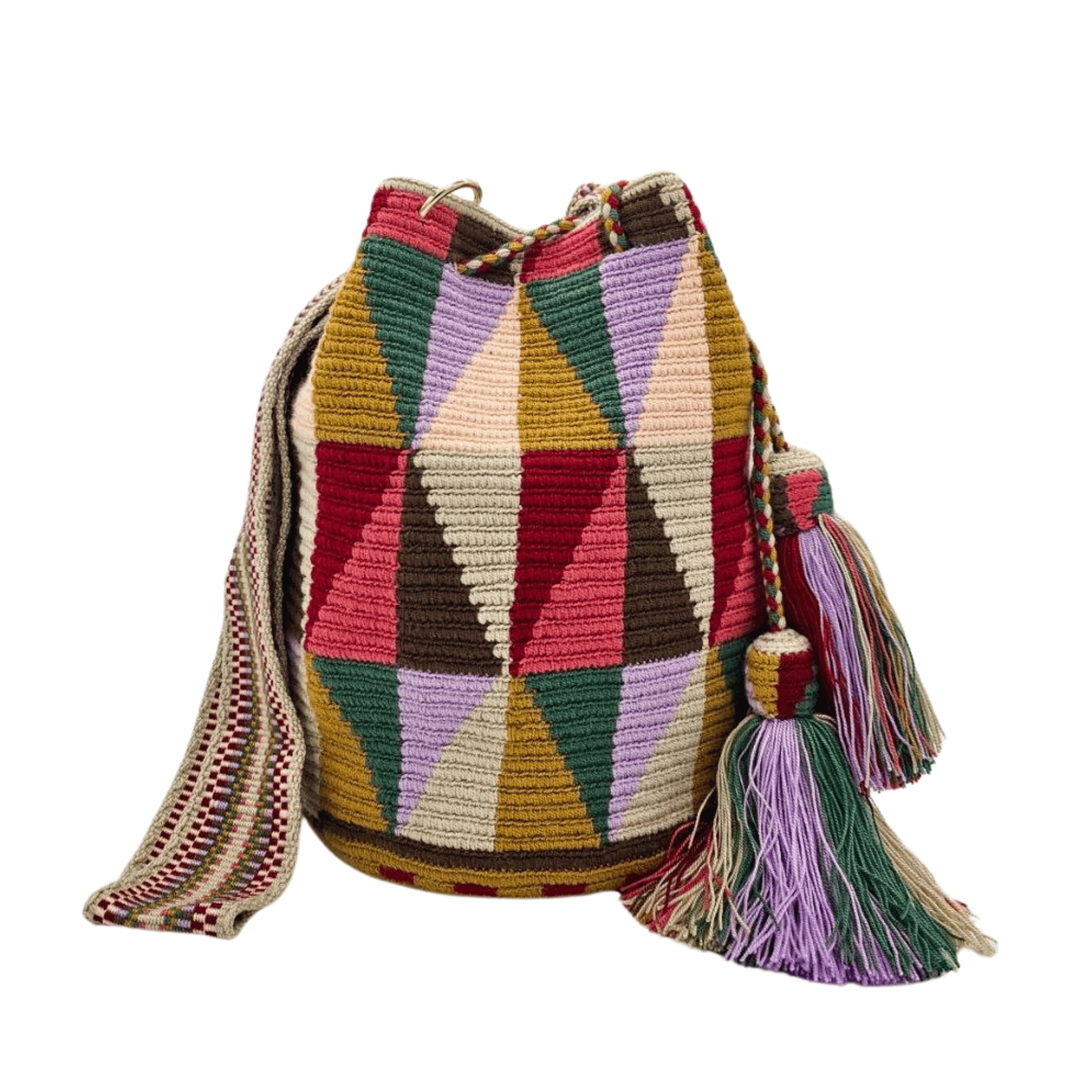 Handmade Wayuu bag with intricate patterns, crafted by Colombian artisans, featuring vibrant colors and authentic cultural designs.