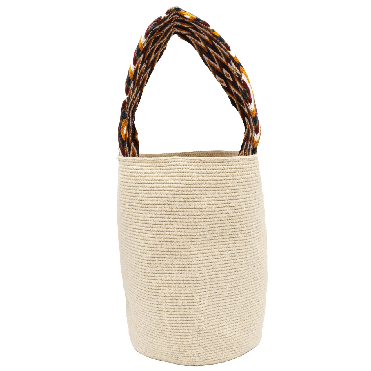  Handmade beige Afet crochet purse with an earthy colored wide strap, crafted by skilled Wayuu artisans.