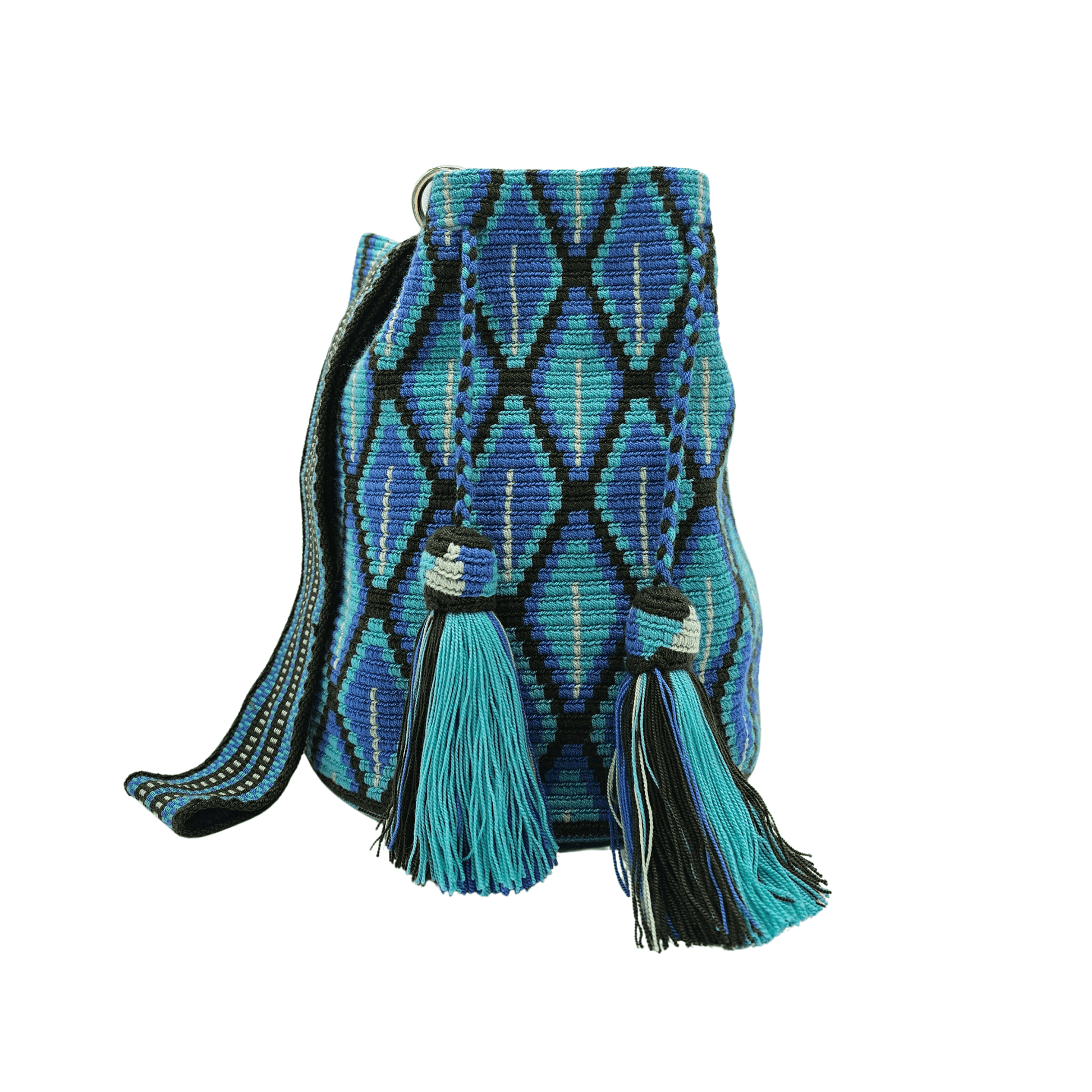 Handwoven Wayuu mochila bag in blue and black with a geometric pattern, braided drawstrings, and tassels. Ethically crafted in Colombia.