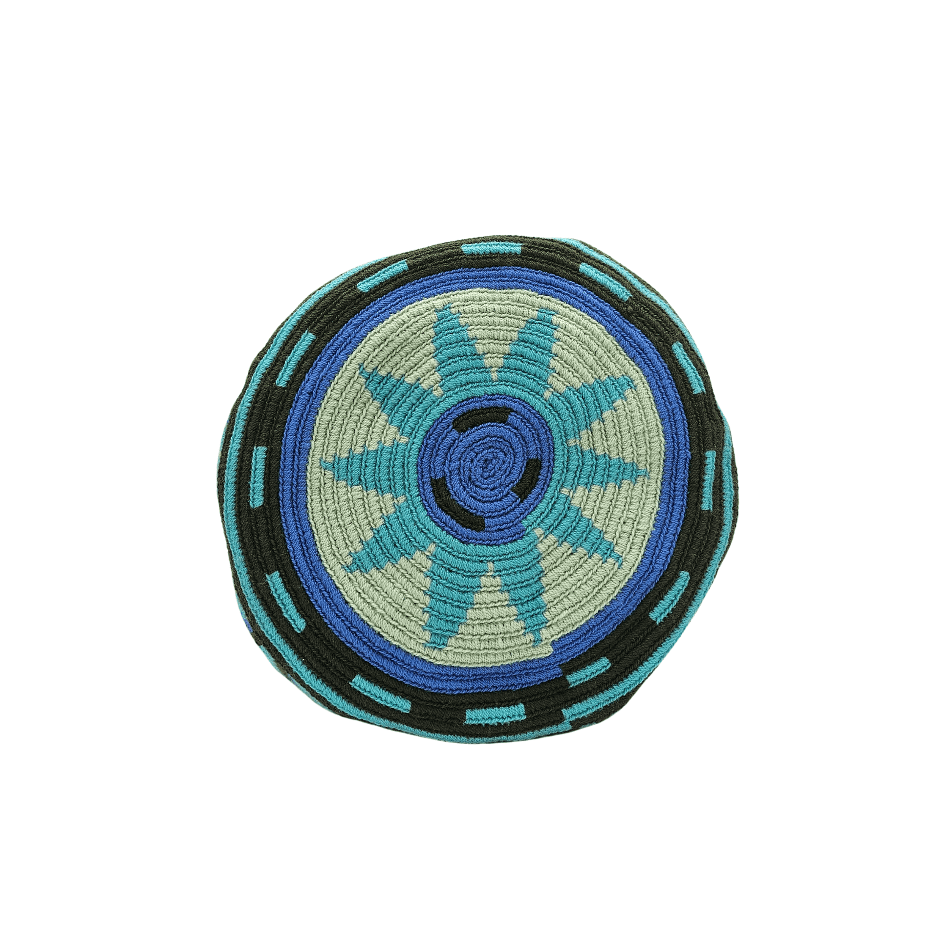 Handwoven Wayuu mochila bag in blue and black with a geometric pattern, braided drawstrings, and tassels. Ethically crafted in Colombia.