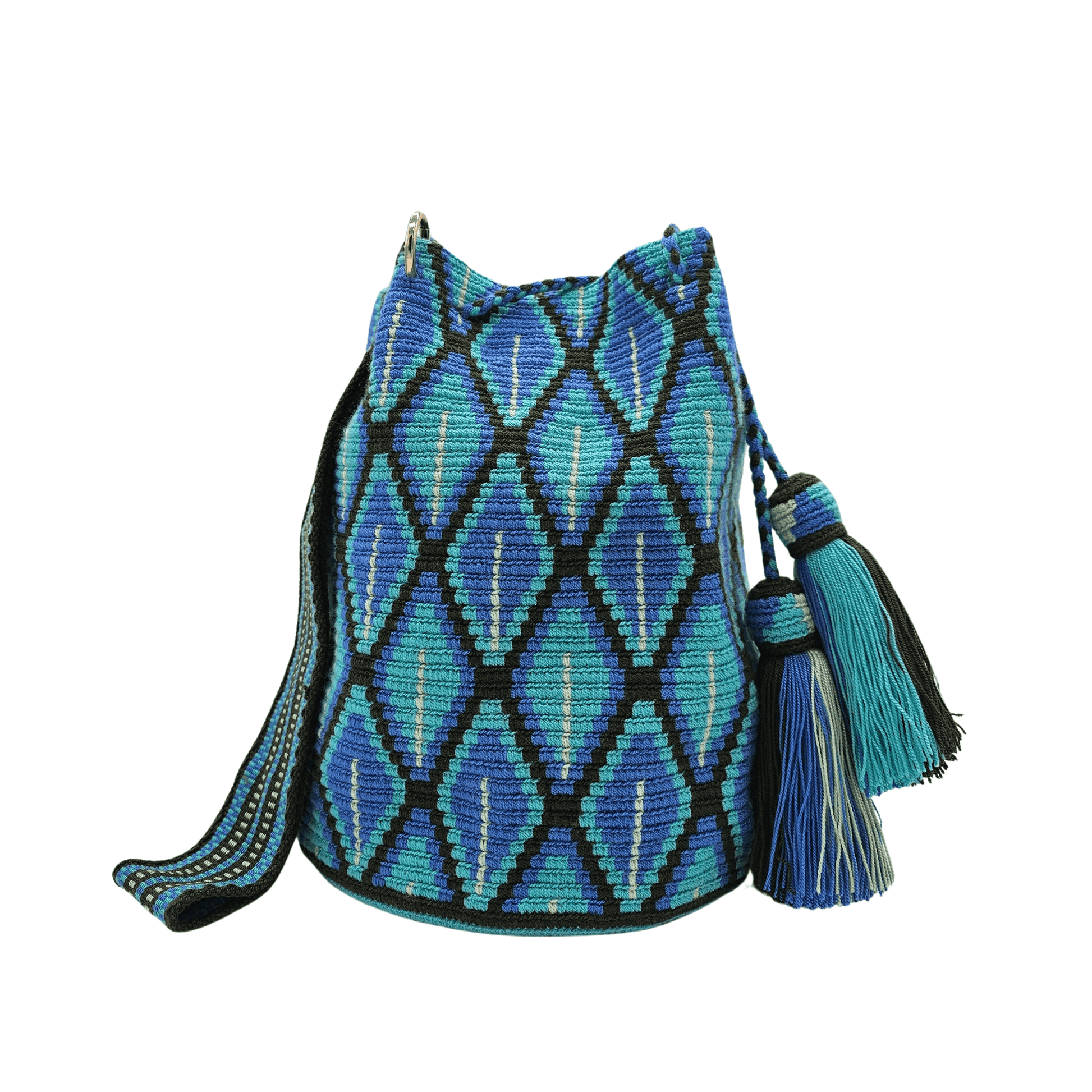 Handwoven Wayuu mochila bag in blue and black with a geometric pattern, braided drawstrings, and tassels. Ethically crafted in Colombia.